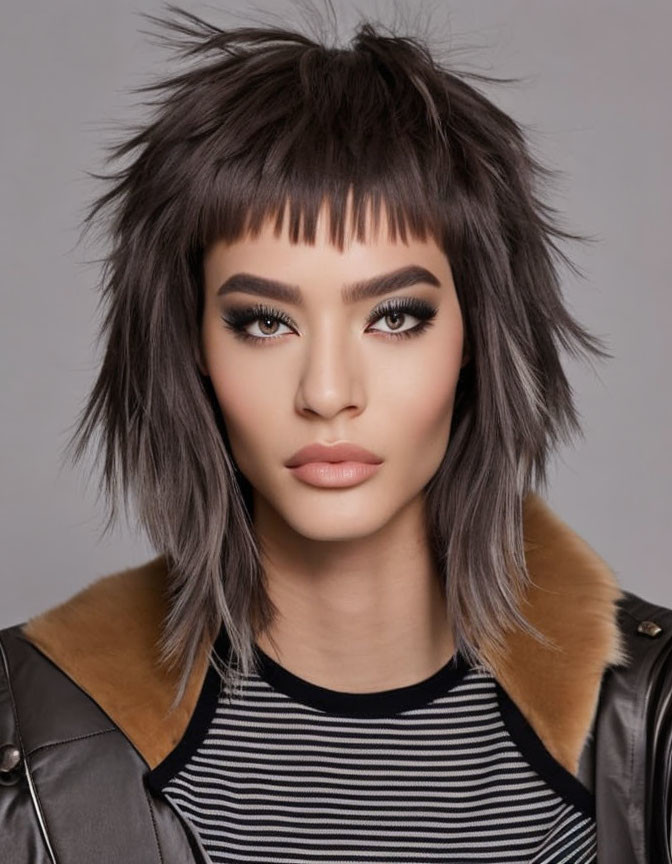 Modern shag haircut, bold makeup, striped top, leather jacket with fur accents