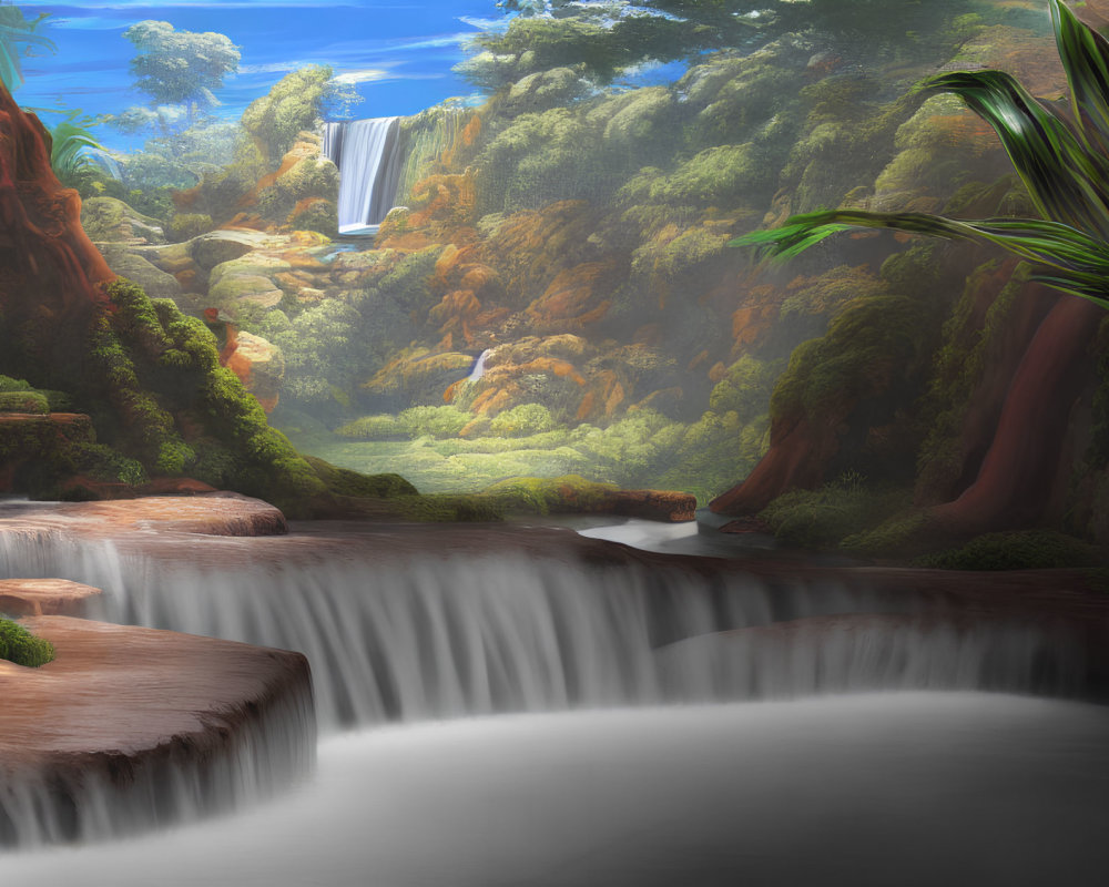 Tranquil forest scene with tropical waterfall