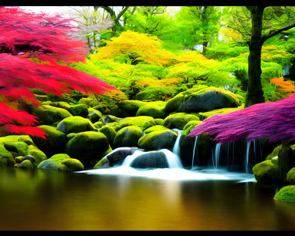 Tranquil waterfall over mossy rocks in vibrant garden