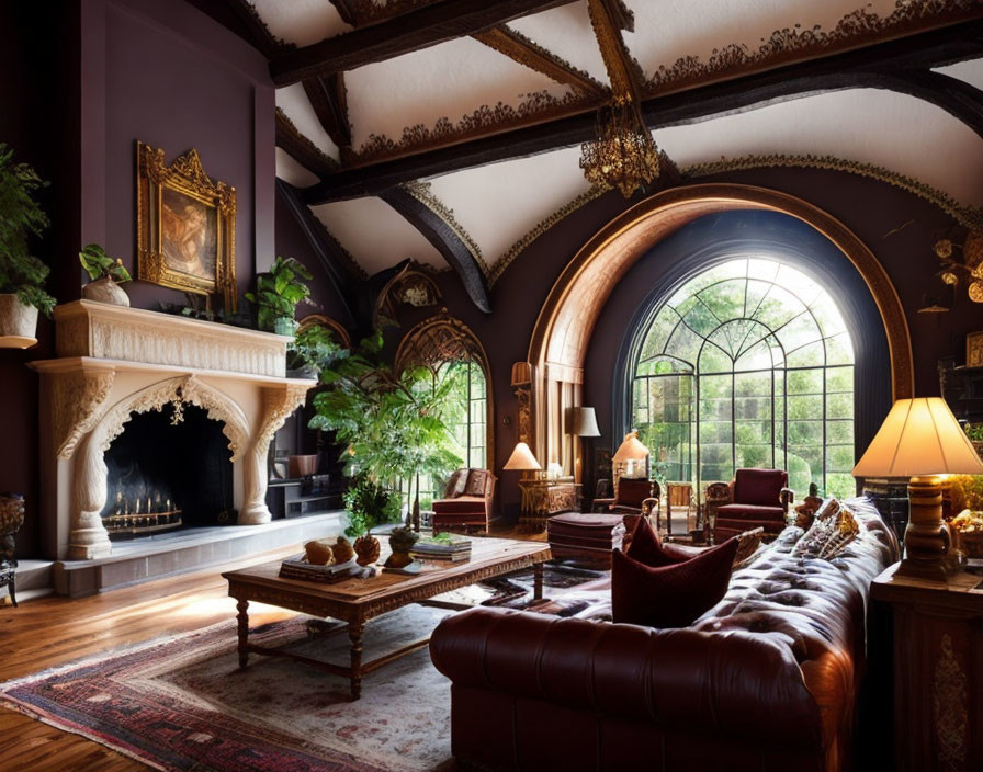 Luxurious living room with arched window, wooden beams, fireplace, plush seating