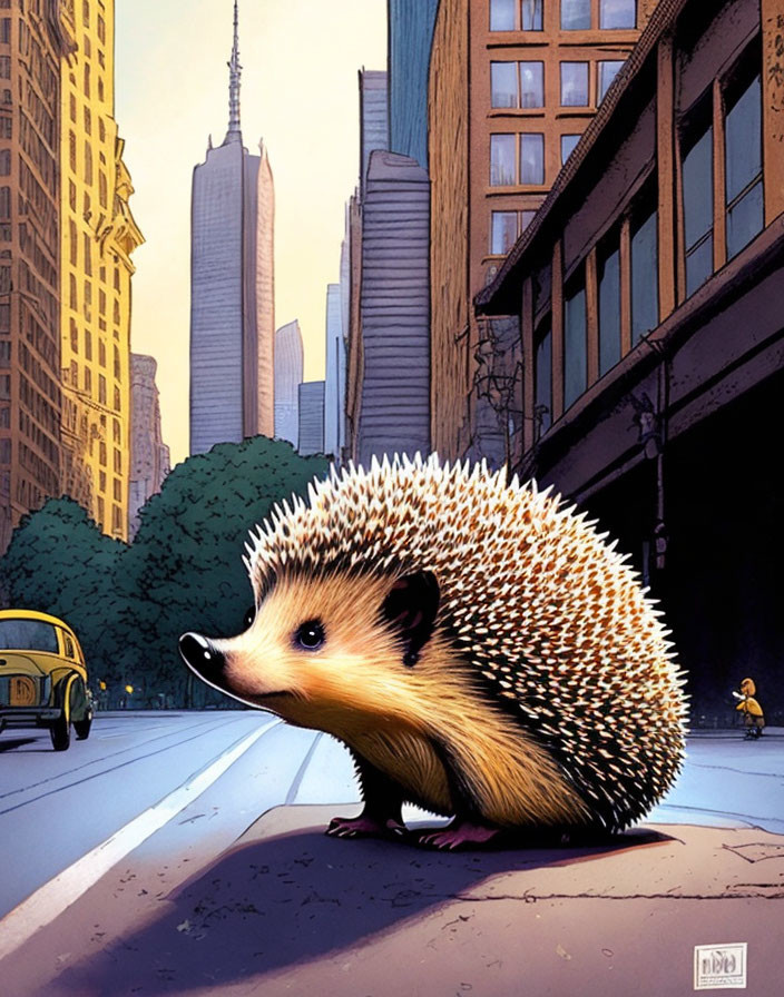 Giant hedgehog illustration in city street with skyscrapers and long shadow