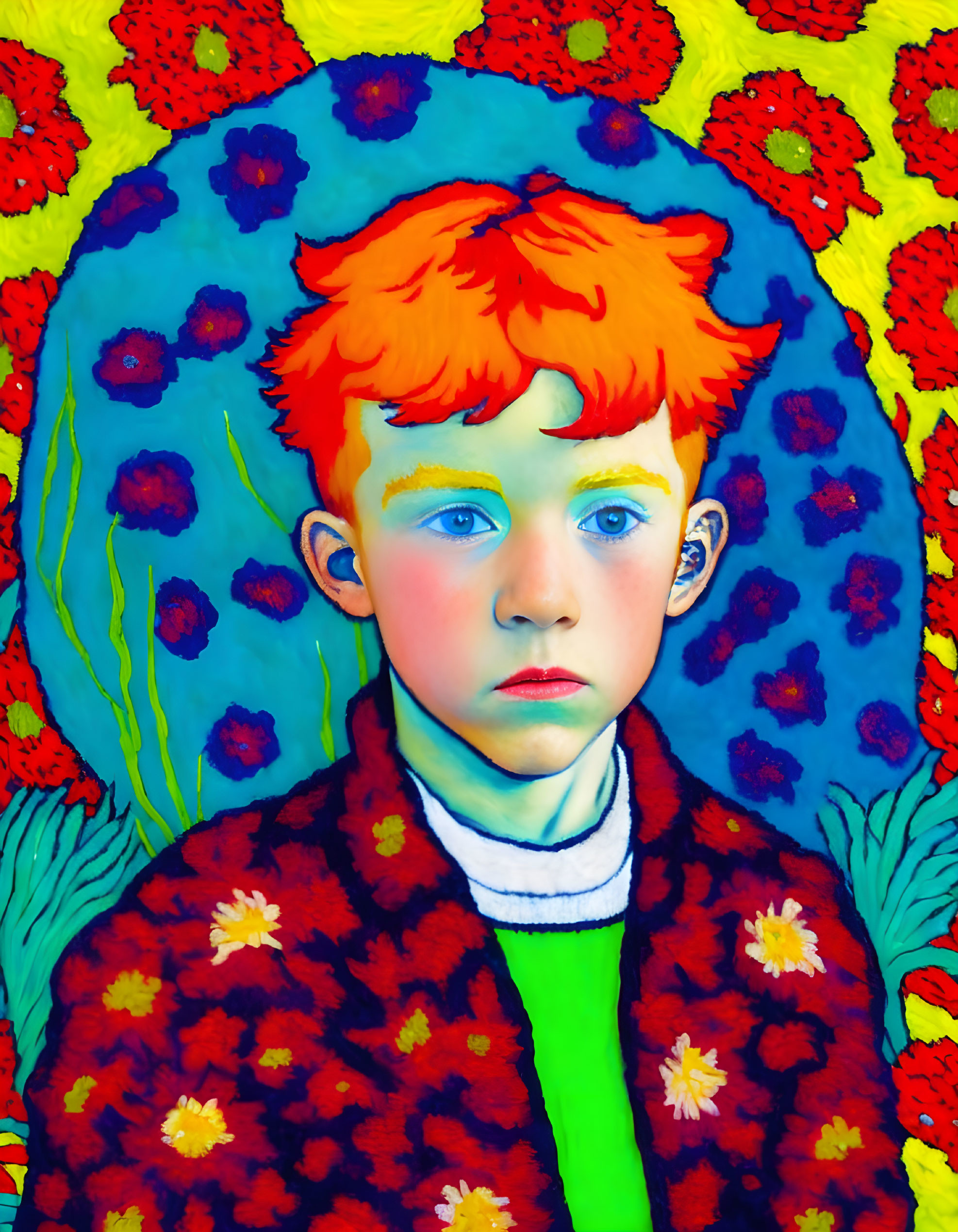 Colorful portrait of child with orange hair and blue eyes against floral backdrop