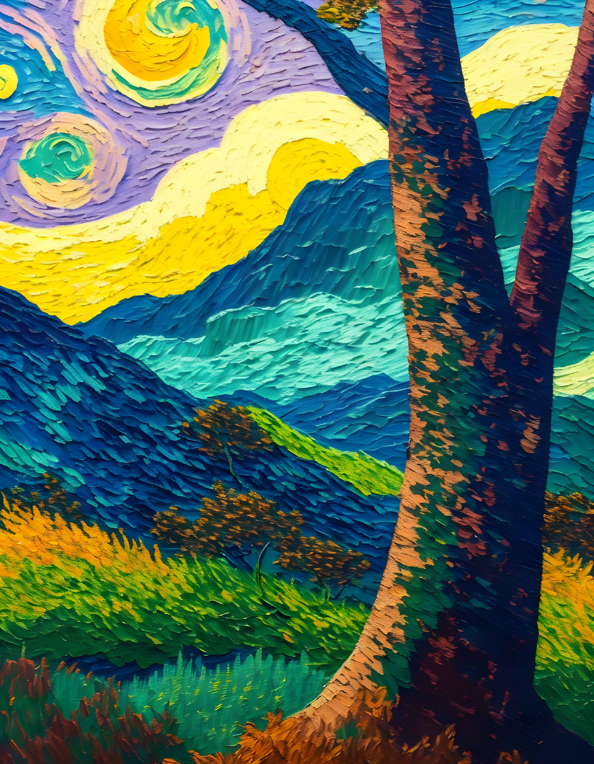 Colorful painting: swirling stars, clouds, blue mountains, stylized trees, yellow field