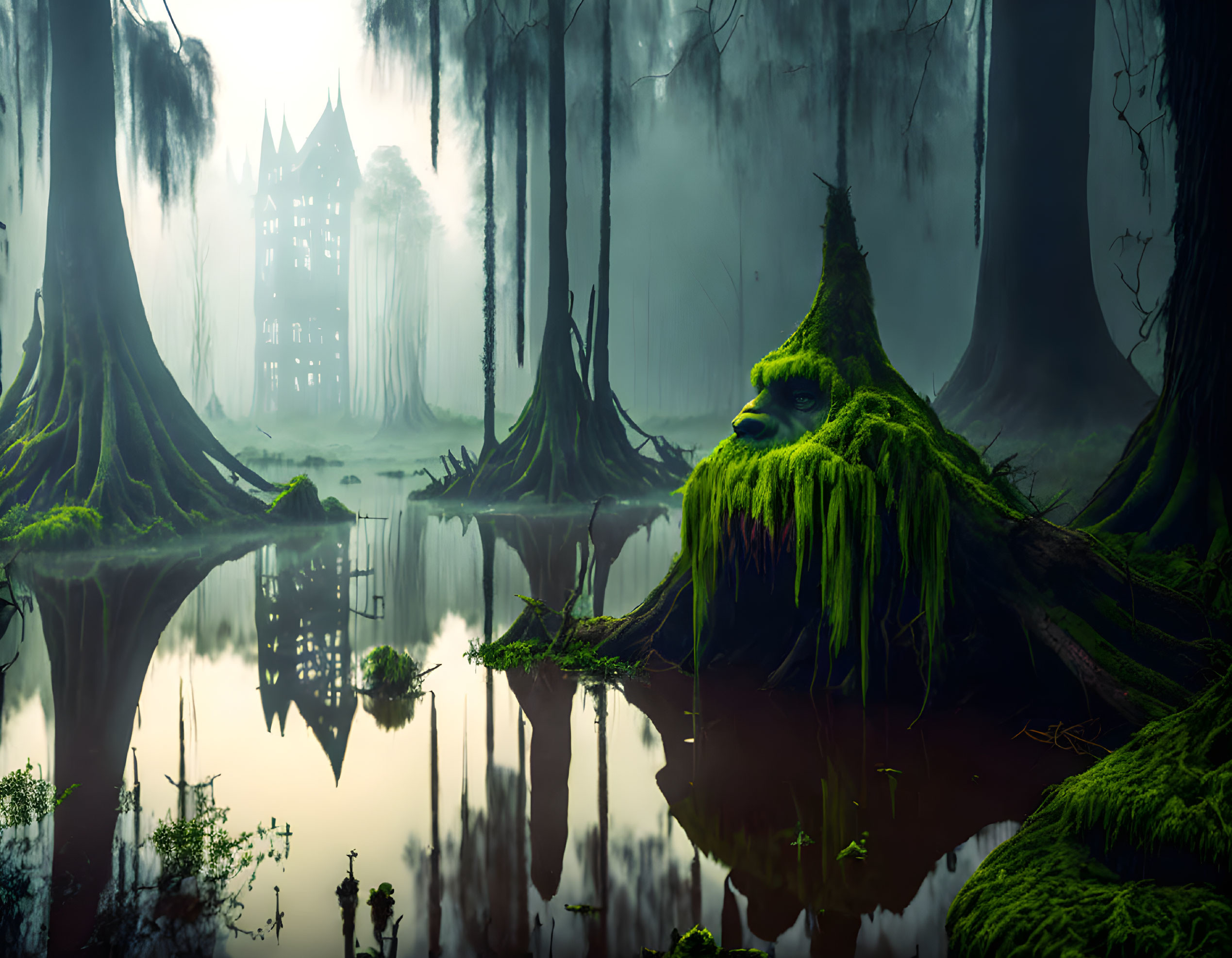 Mystical swamp with fog, mossy trees, still water, and eerie castle