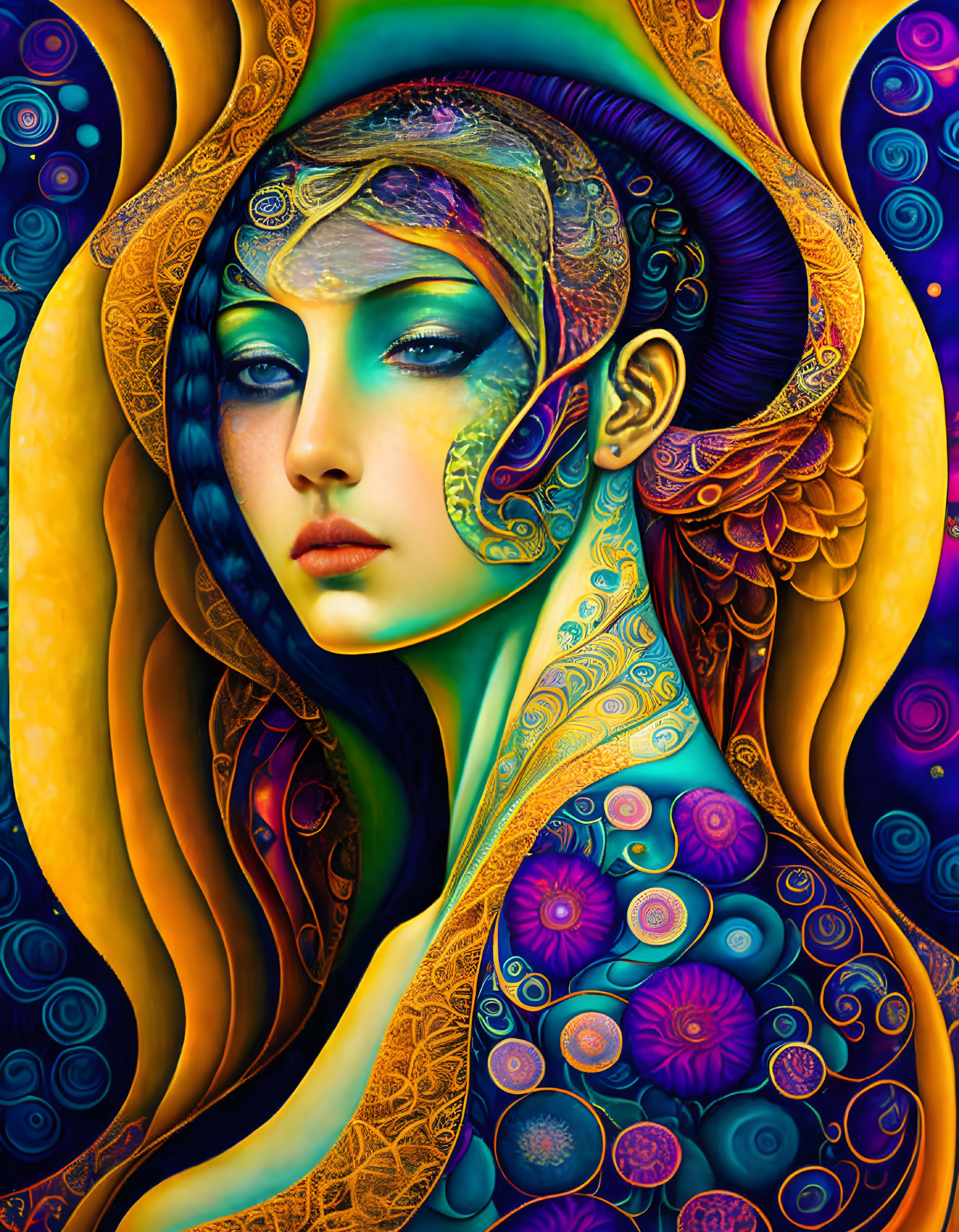 Colorful digital artwork of a stylized woman with intricate patterns