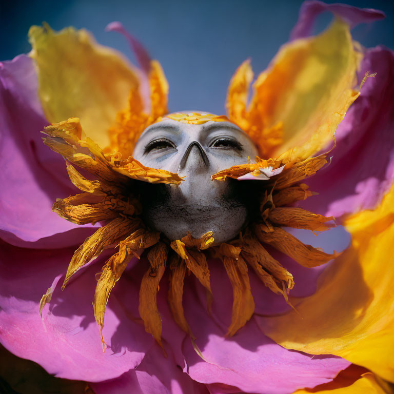 Person wearing mask in vibrant floral setting on blue background