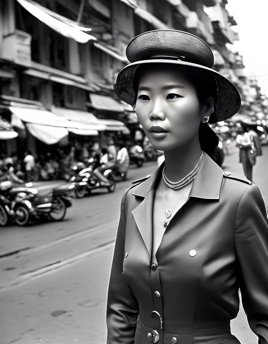 Stylish woman in hat and jacket on busy street with motorcycles and buildings.