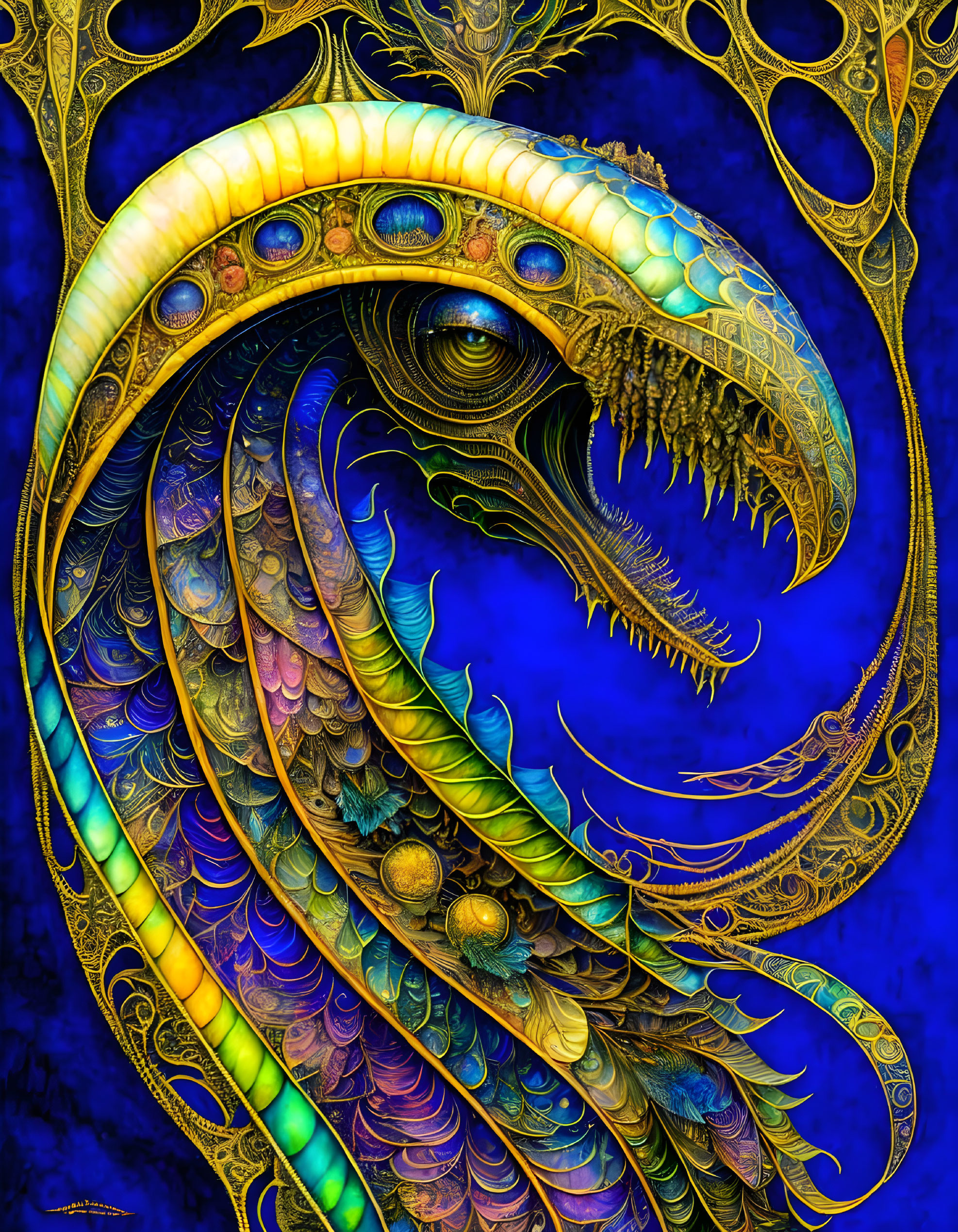 Intricate Gold-Detailed Dragon with Multiple Eyes on Blue Background