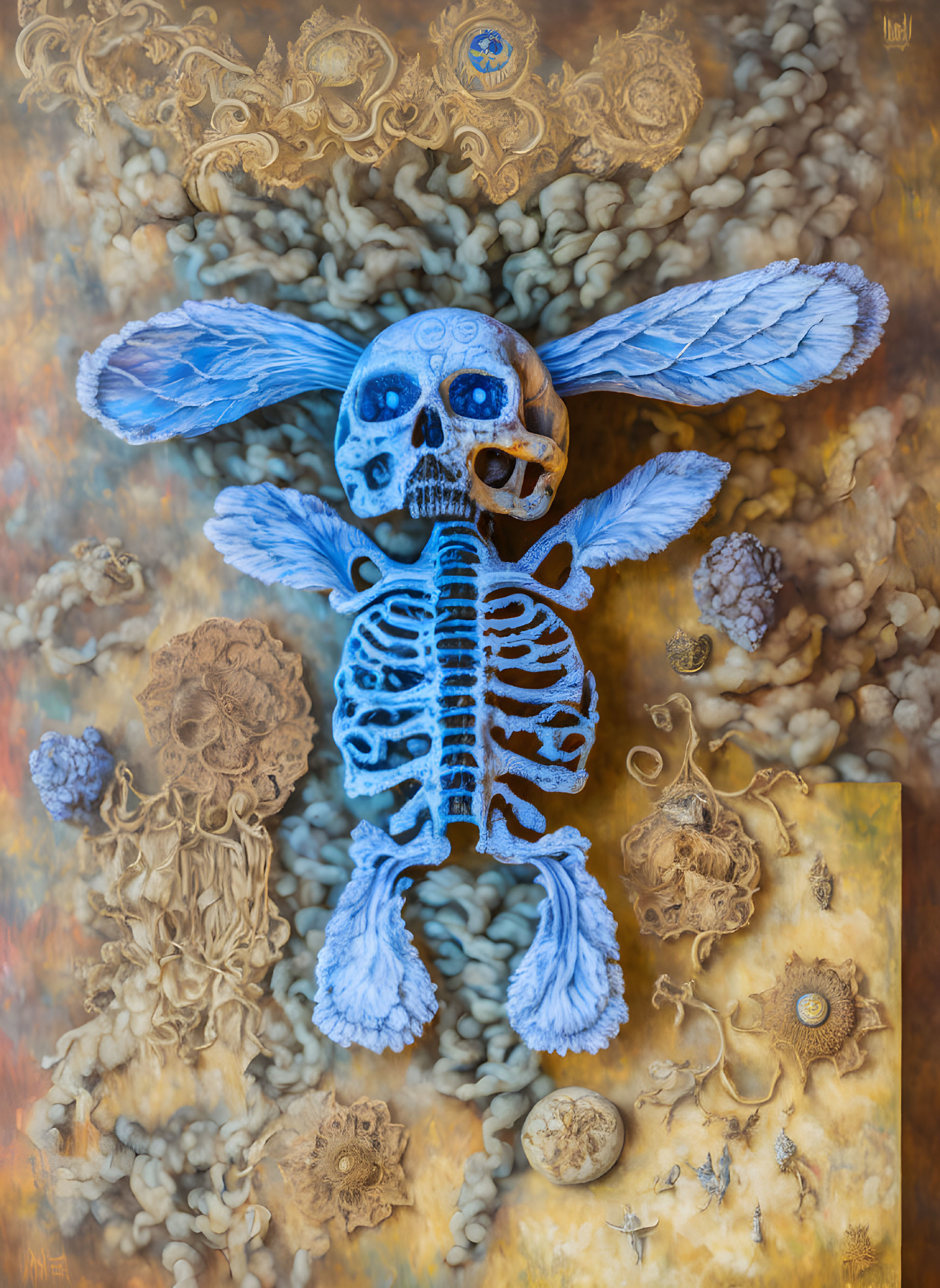 Surreal painting: Skeleton with blue butterfly wings, golden patterns, coral textures