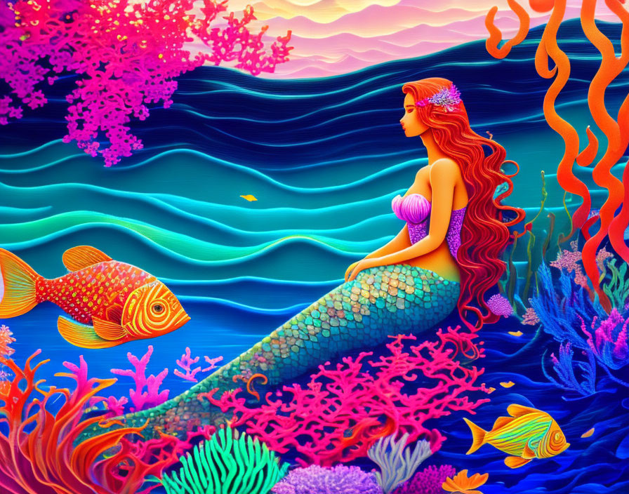 Colorful Mermaid Illustration Underwater with Coral Reefs