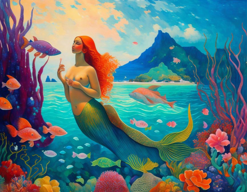 Vibrant mermaid illustration with red hair among tropical sea life and mountain backdrop