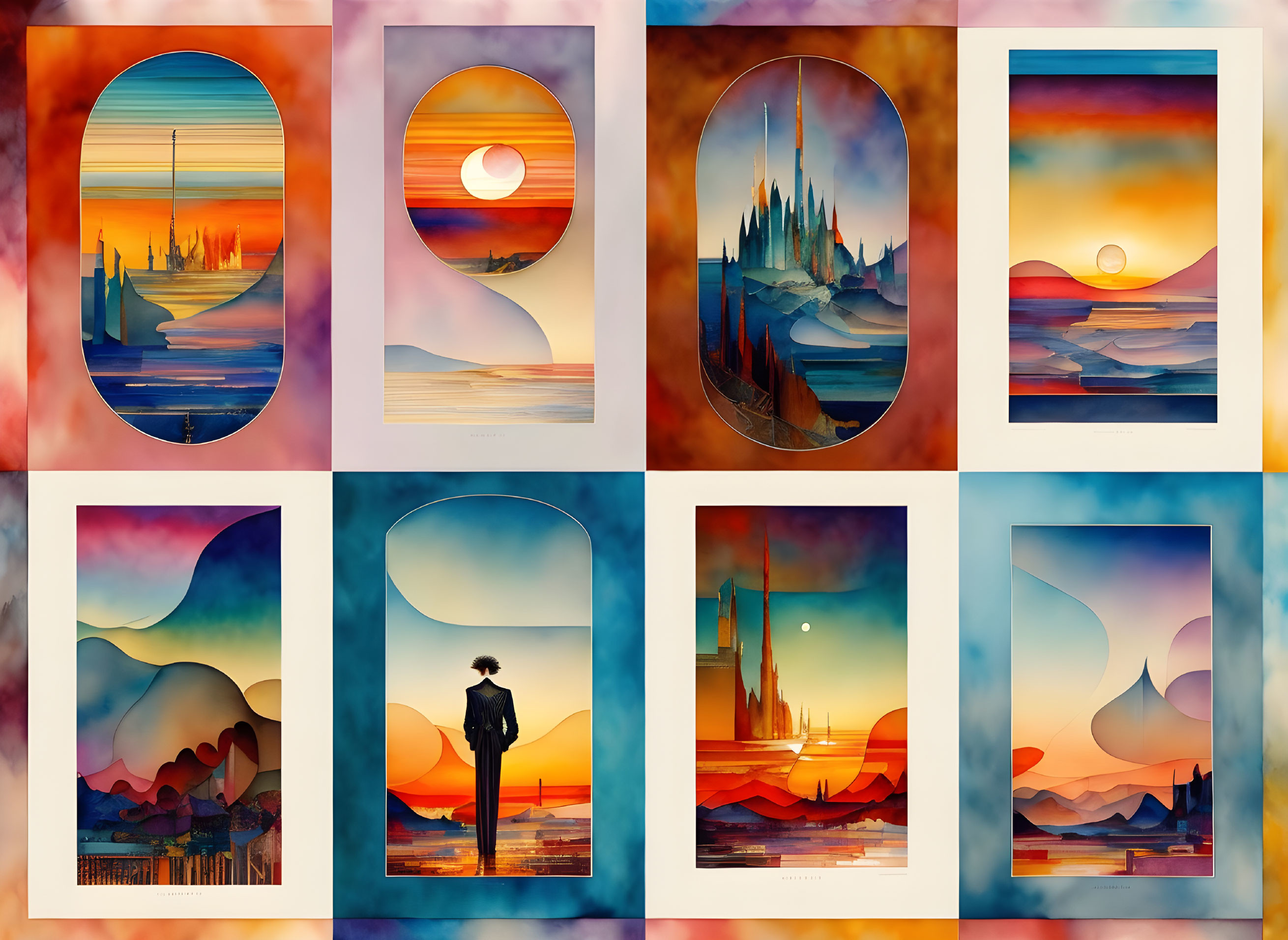 Eight Vibrant Sunset Landscape Illustrations with Stylized Natural and Fantastical Scenes