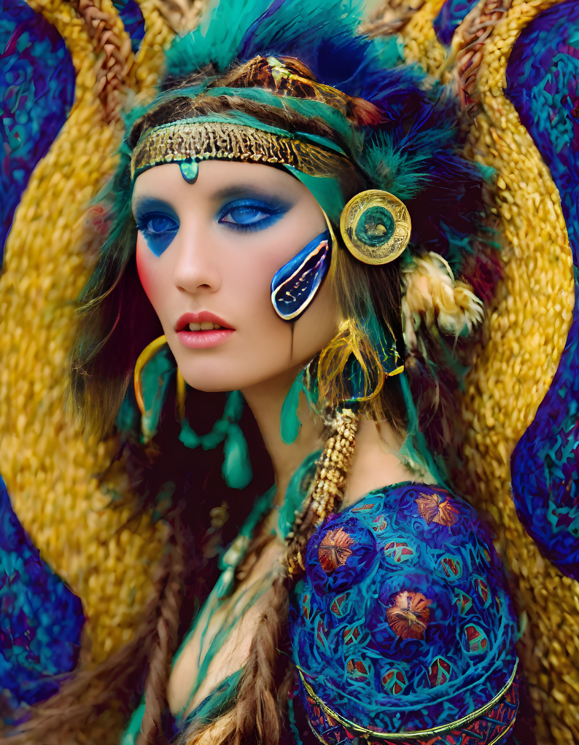 Portrait of Woman in Striking Blue Makeup and Ethnic Jewelry