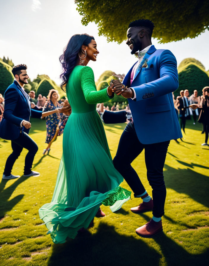 Joyful Couple Dancing Surrounded by Guests on Sunny Lawn