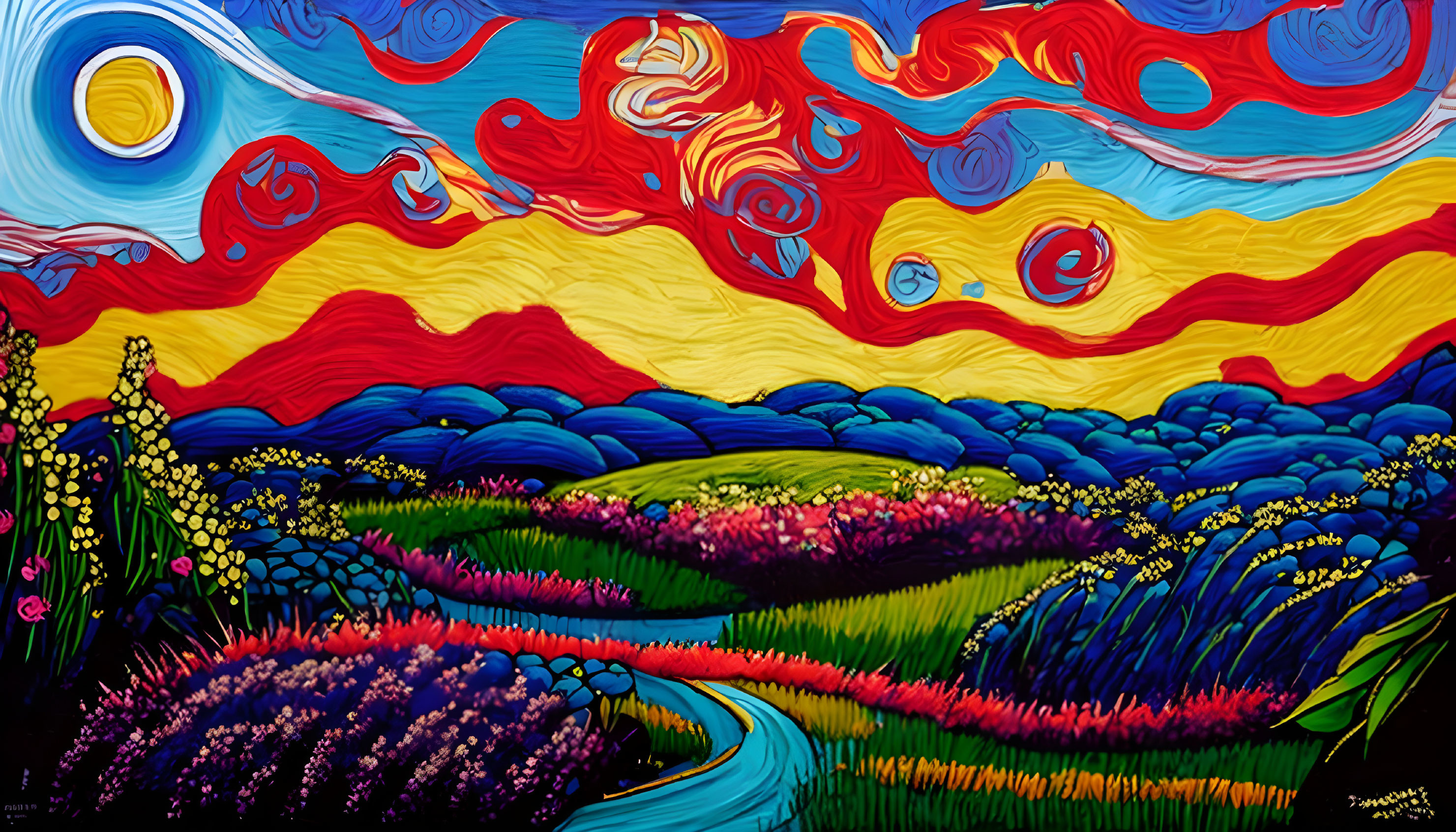 Colorful landscape painting with swirling sky, yellow field, blue hills, and winding river.