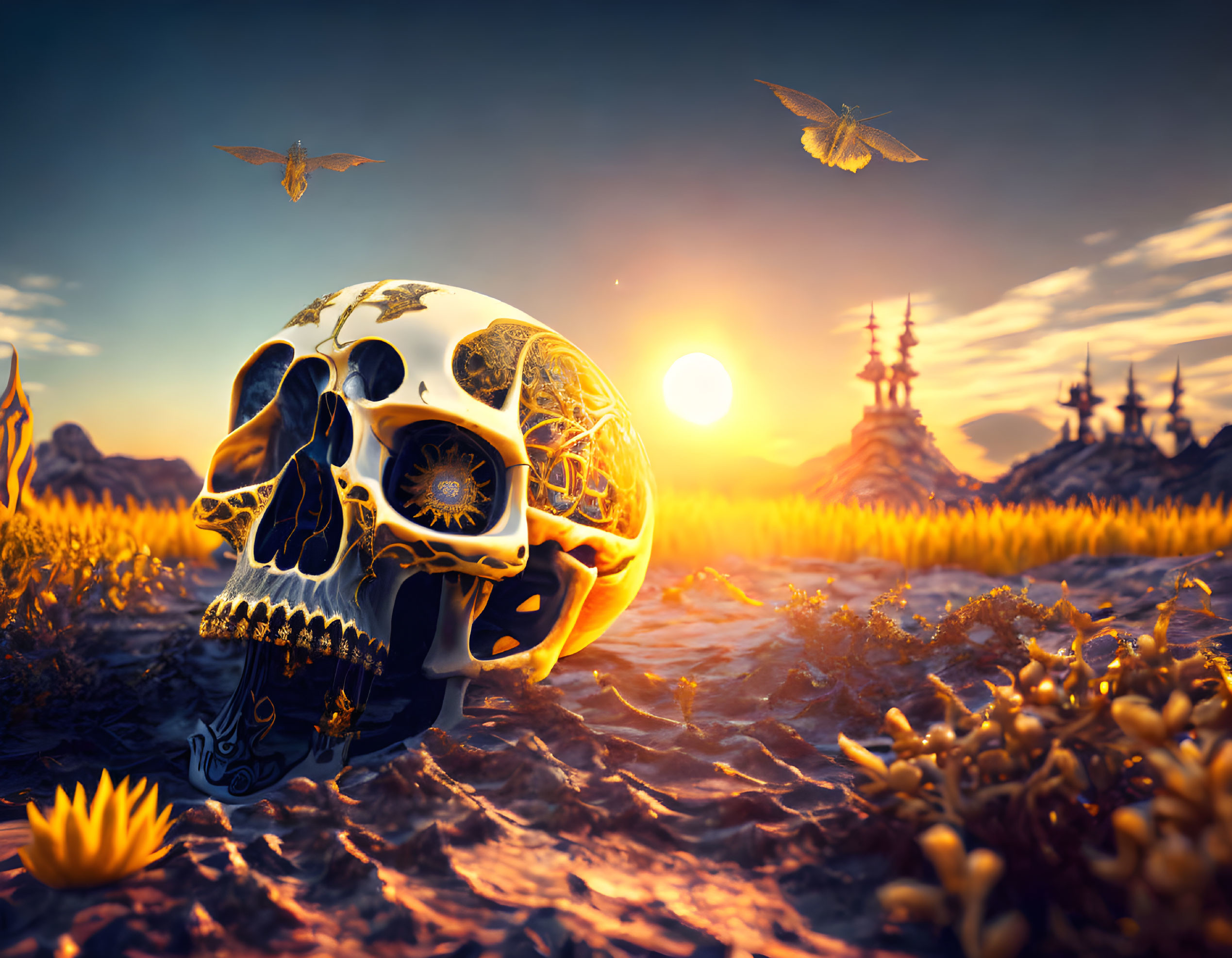 Intricate design ornate skull in fantasy sunset landscape