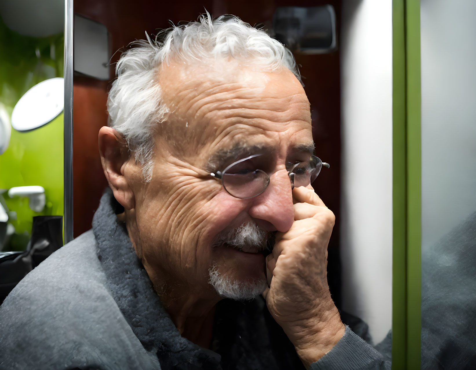 Elderly Man with Glasses and Mustache Contemplating in Bathroom Setting