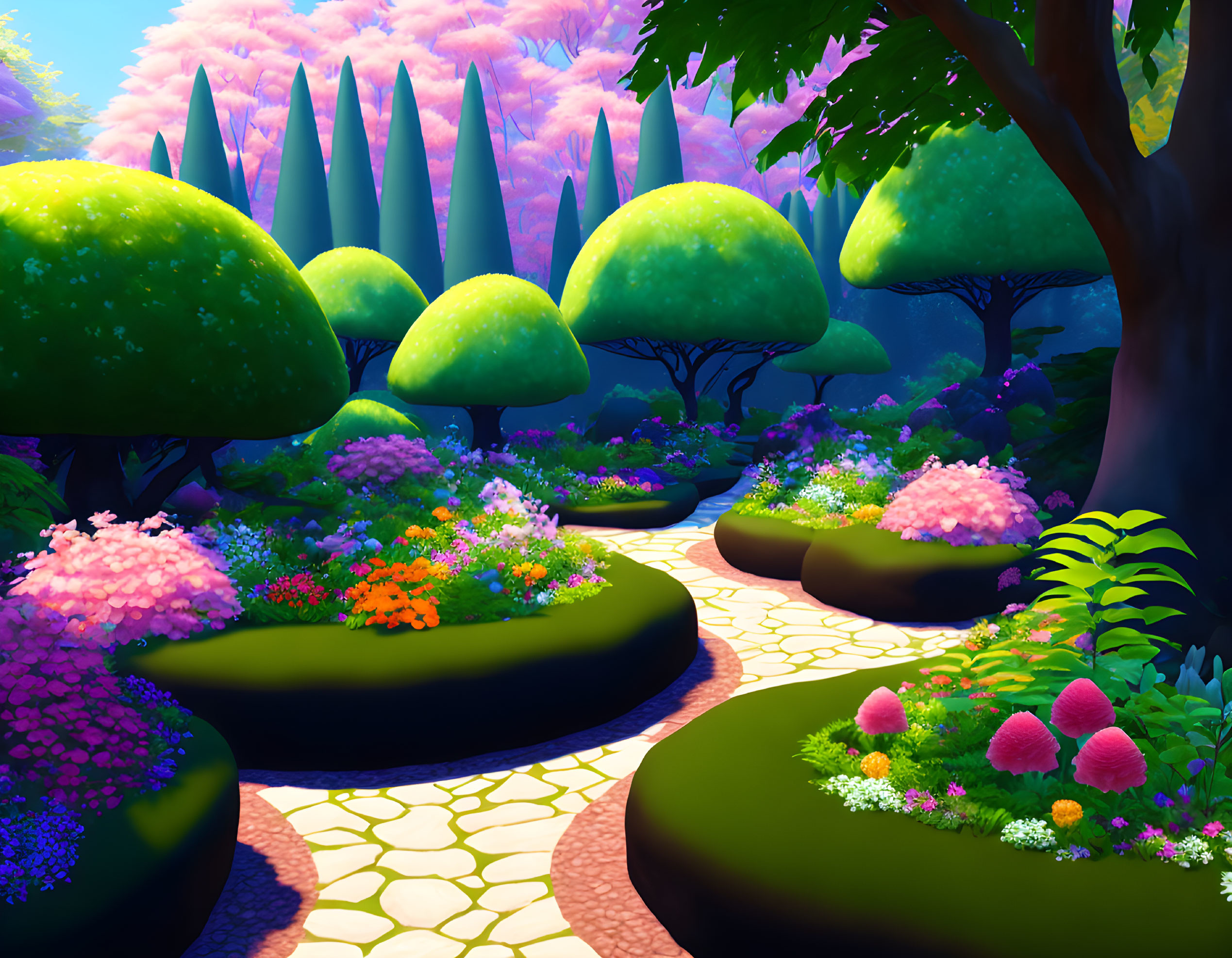 Colorful Flora and Fantastical Trees in Vibrant Garden Path