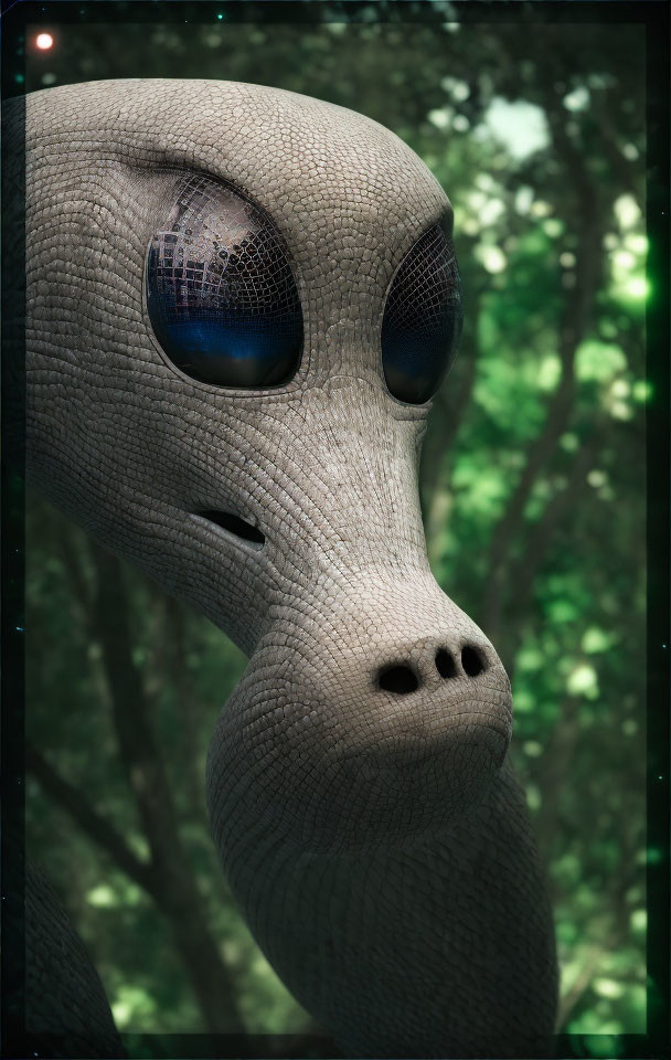 Detailed Close-up of Grey Alien Face in Forest Scene