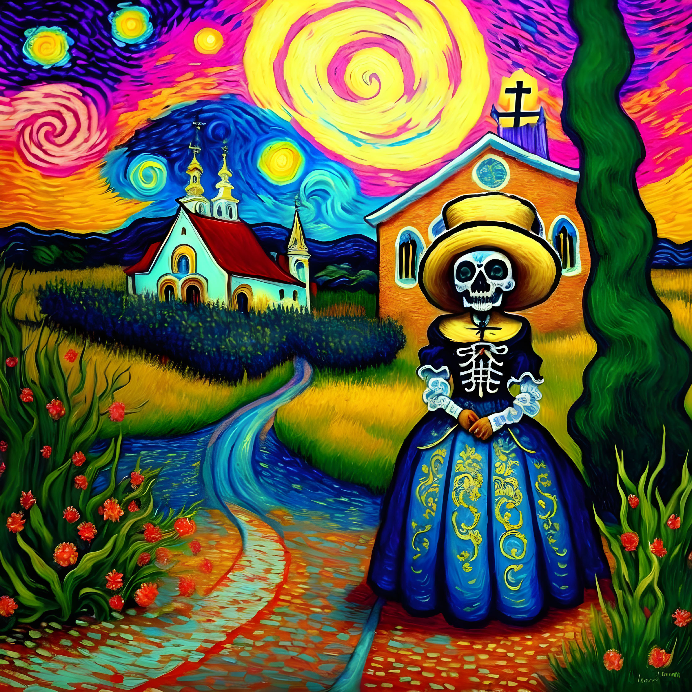 Colorful painting combining Starry Night style with Day of the Dead theme