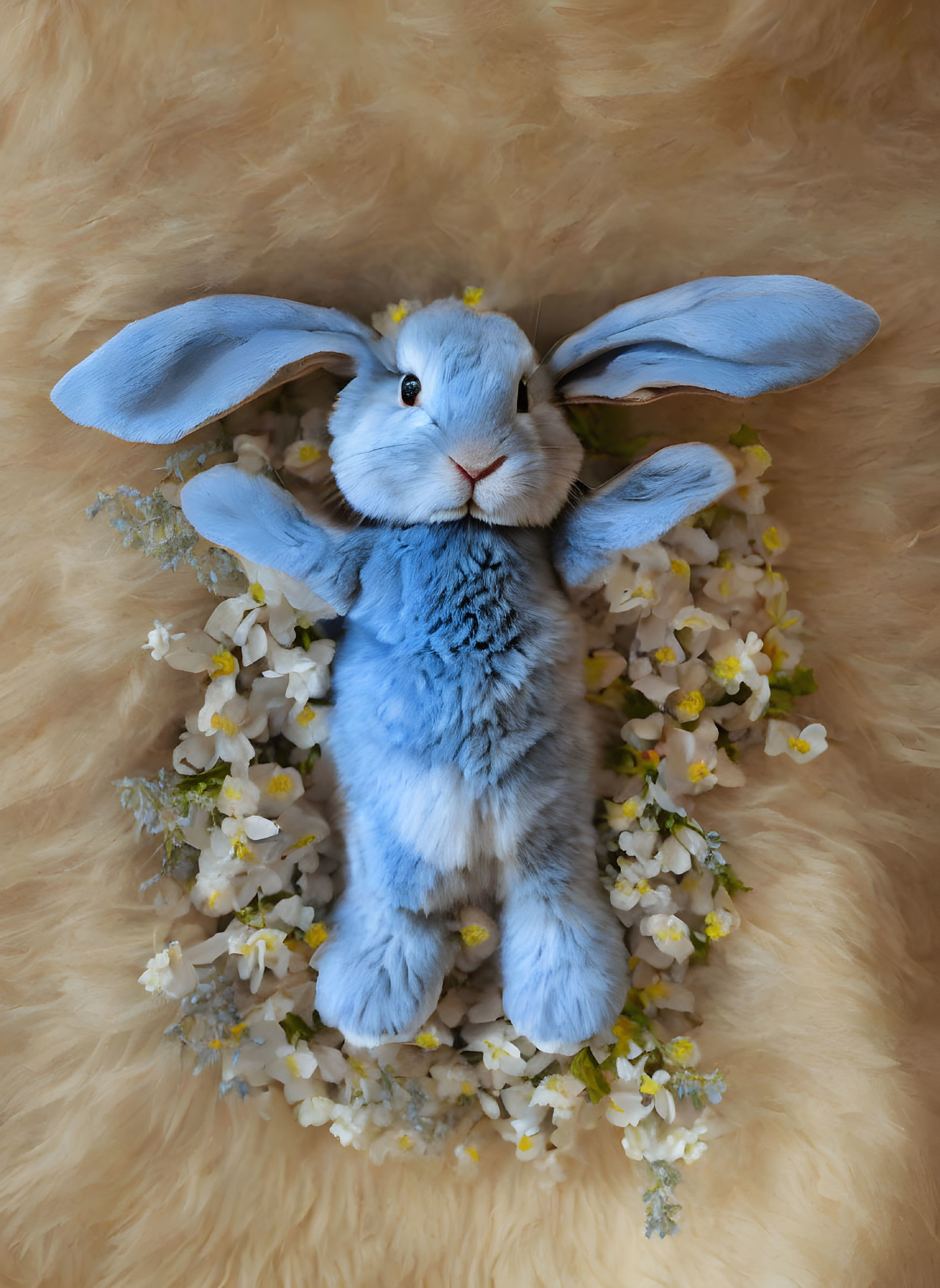 Plush Rabbit with Blue-Gray Ears Among White and Yellow Flowers