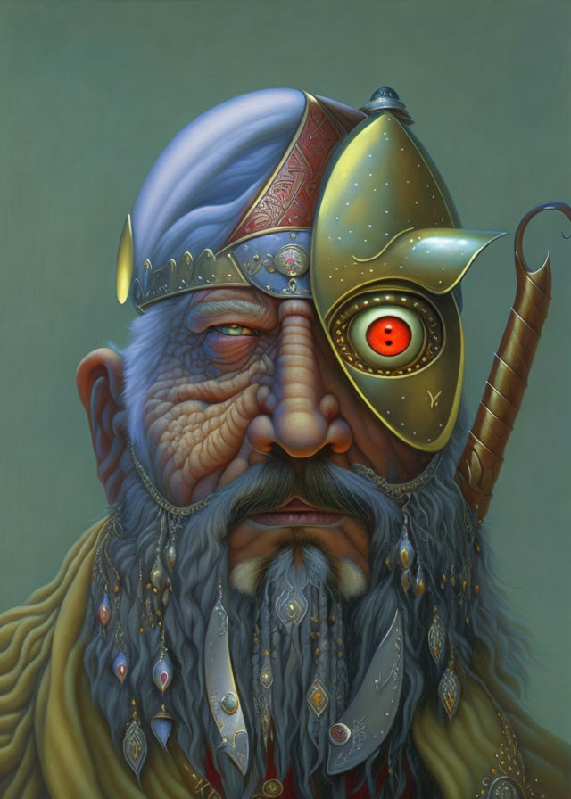 Detailed illustration of aged man with steampunk eye, helmet, staff, ornate attire.