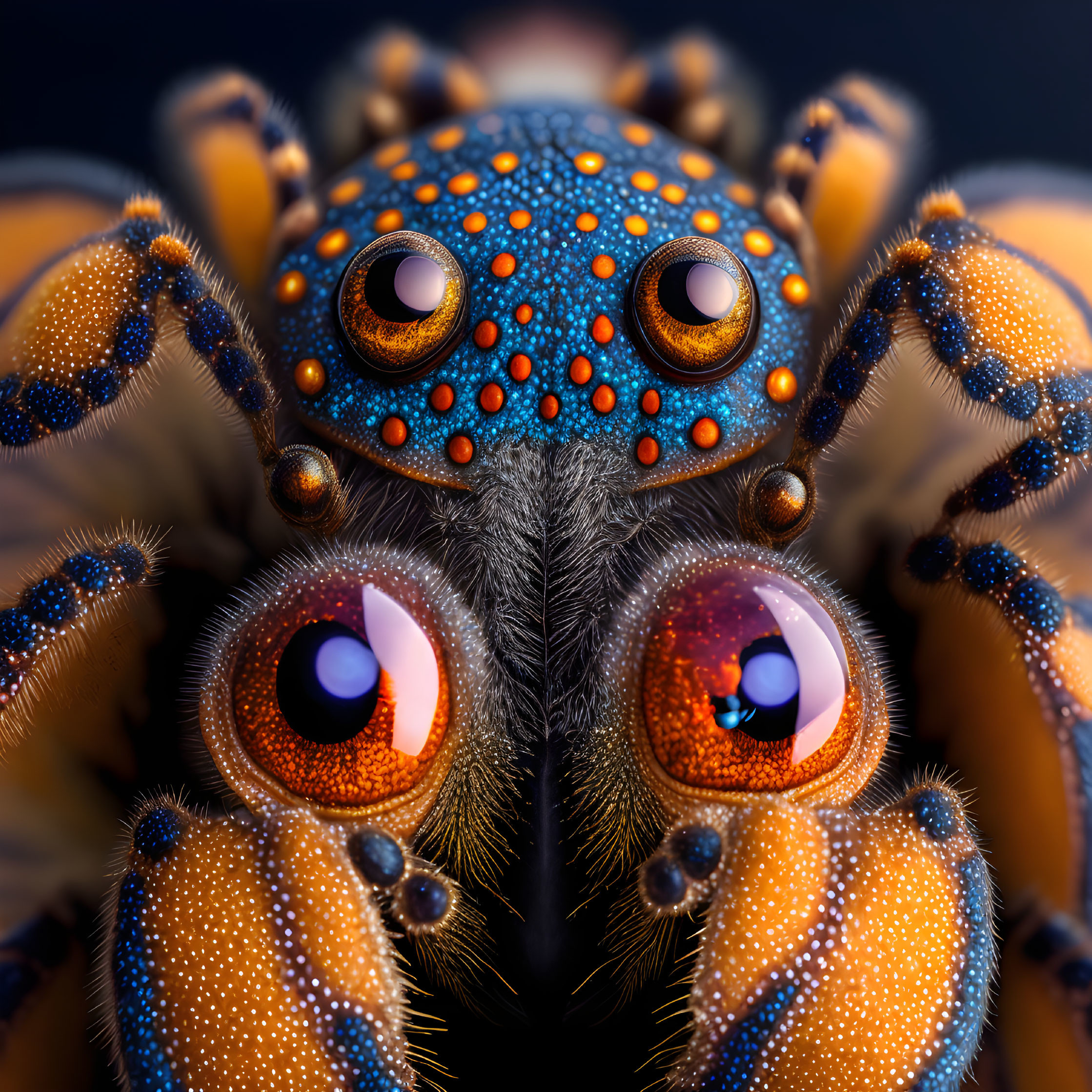 Vivid Orange and Blue Jumping Spider with Reflective Eyes