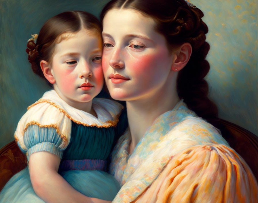 Portrait of woman and child in vintage clothing with flushed cheeks