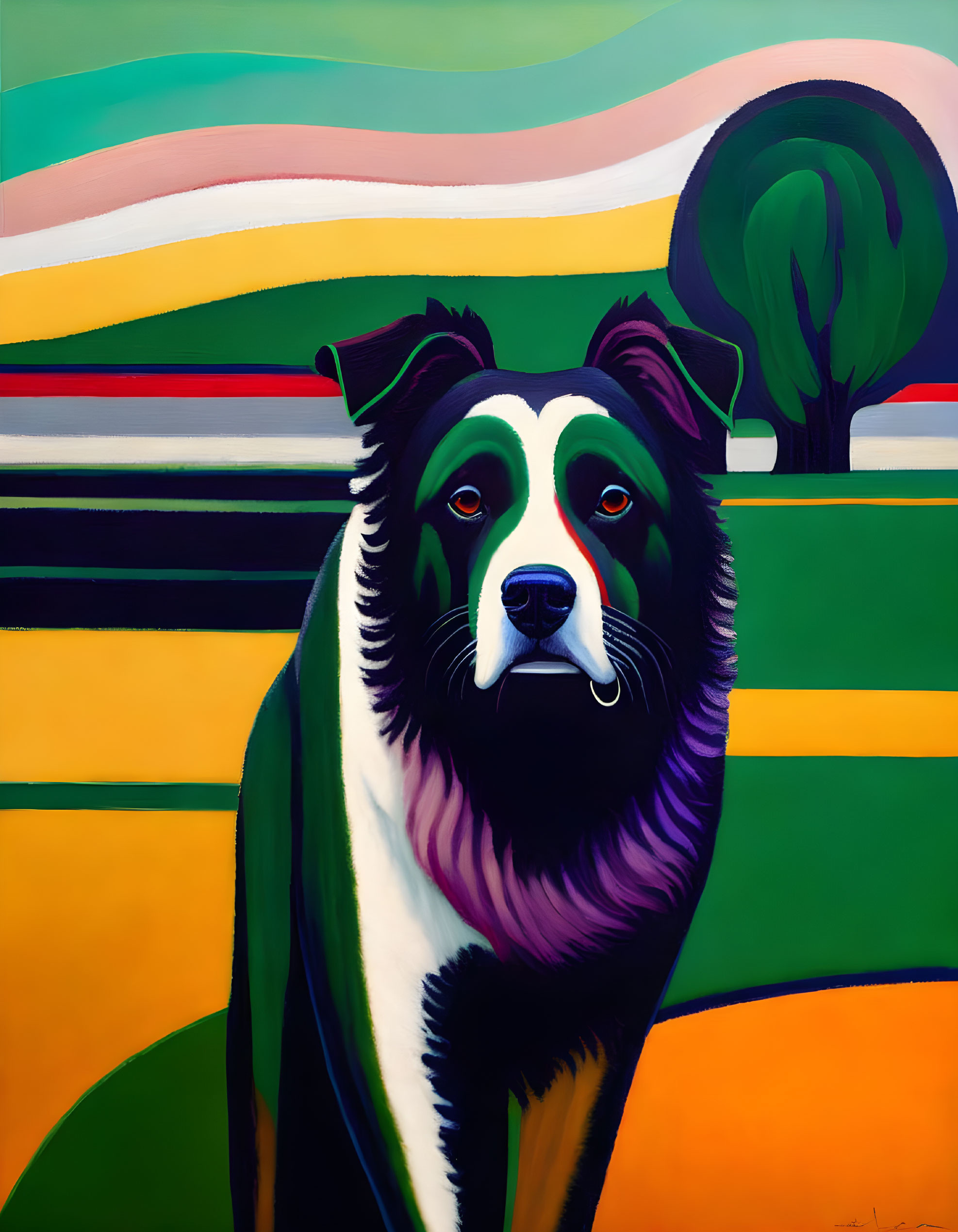 Vibrant Striped Dog Painting in Abstract Landscape