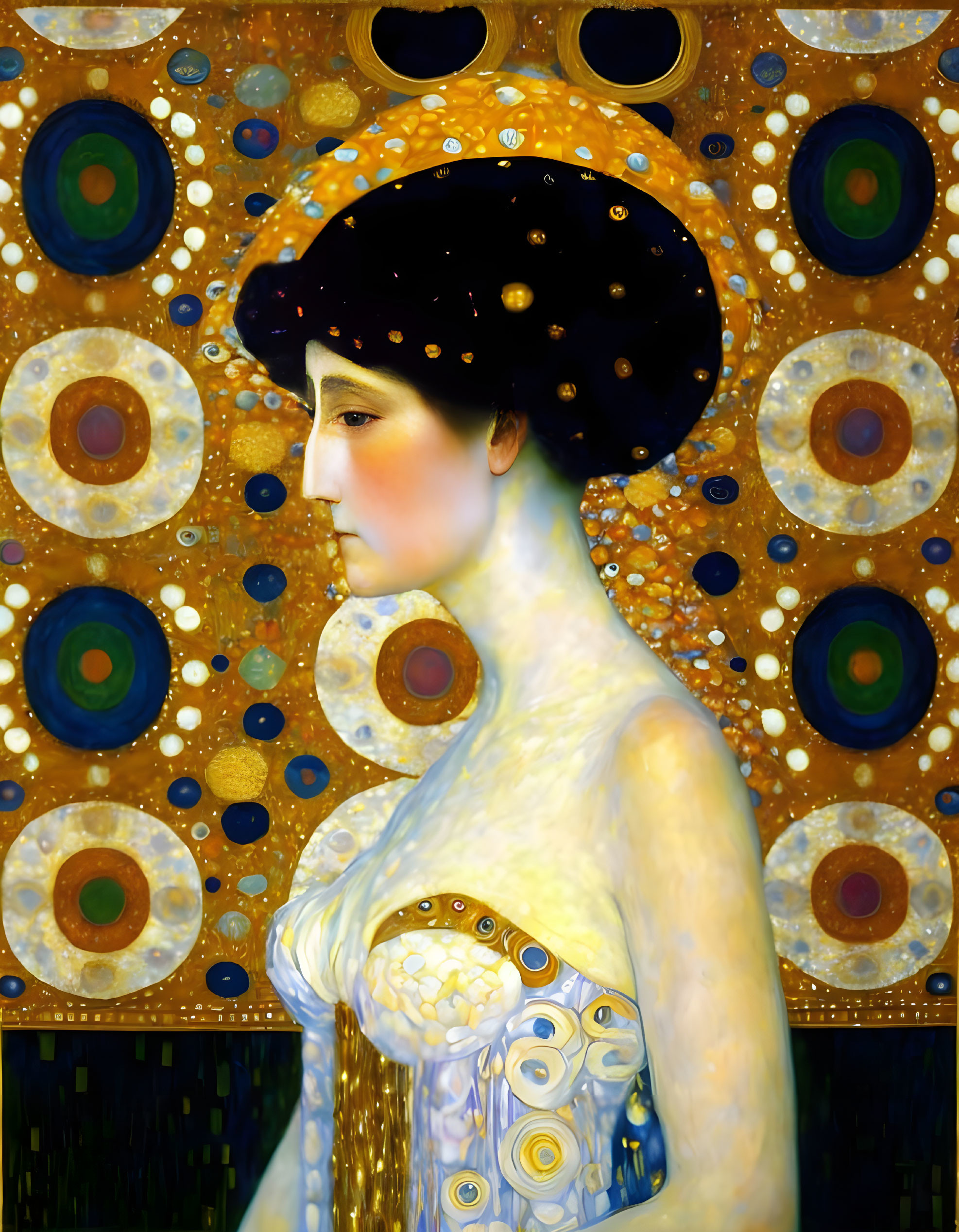 Portrait of woman with golden halo headpiece, gazing against ornate backdrop