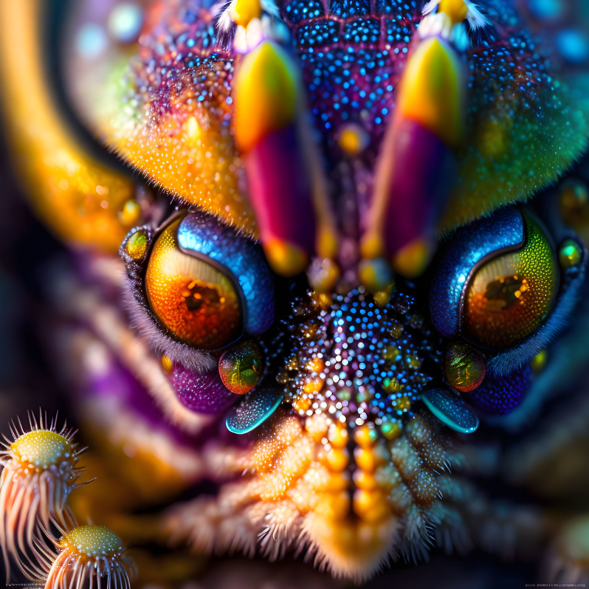 Colorful Dew-Covered Insect Close-Up with Vibrant Body Patterns