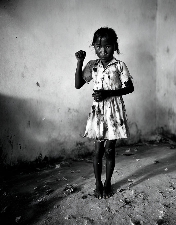 Young girl in dirty dress with unkempt hair in dimly lit room