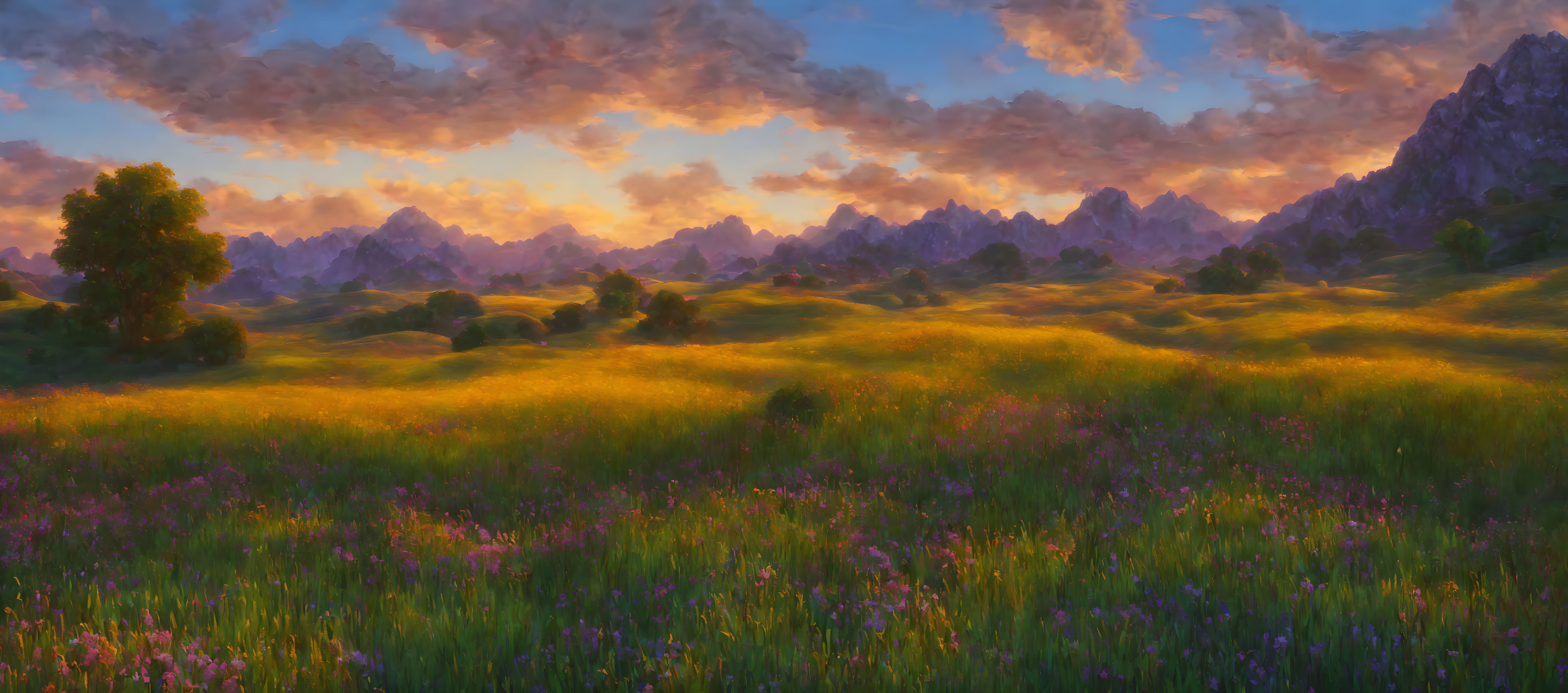 Scenic landscape with blooming flower field, rolling hills, and mountains at sunset