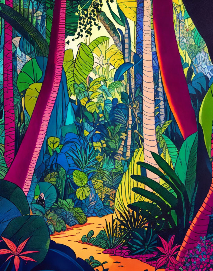 Colorful Jungle Illustration Featuring Diverse Flora