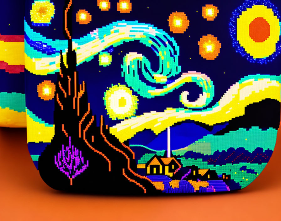 Colorful Pixel Art of Starry Night on Curved Surface