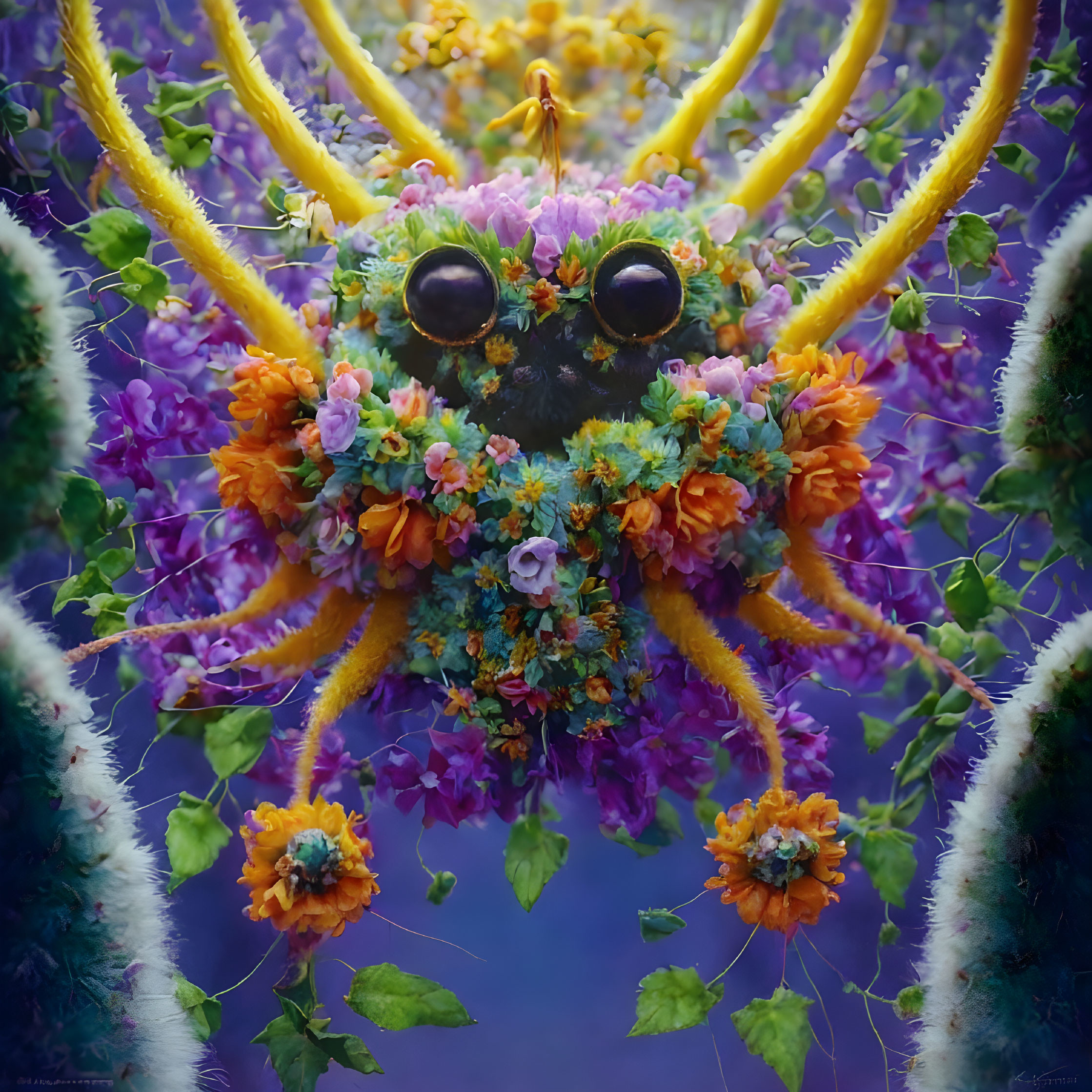 Vibrant surreal artwork of fantastical creature with large eyes and flowers on purple background