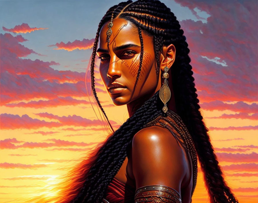 Illustrated woman with braided hair and jewelry facing vibrant orange sunset