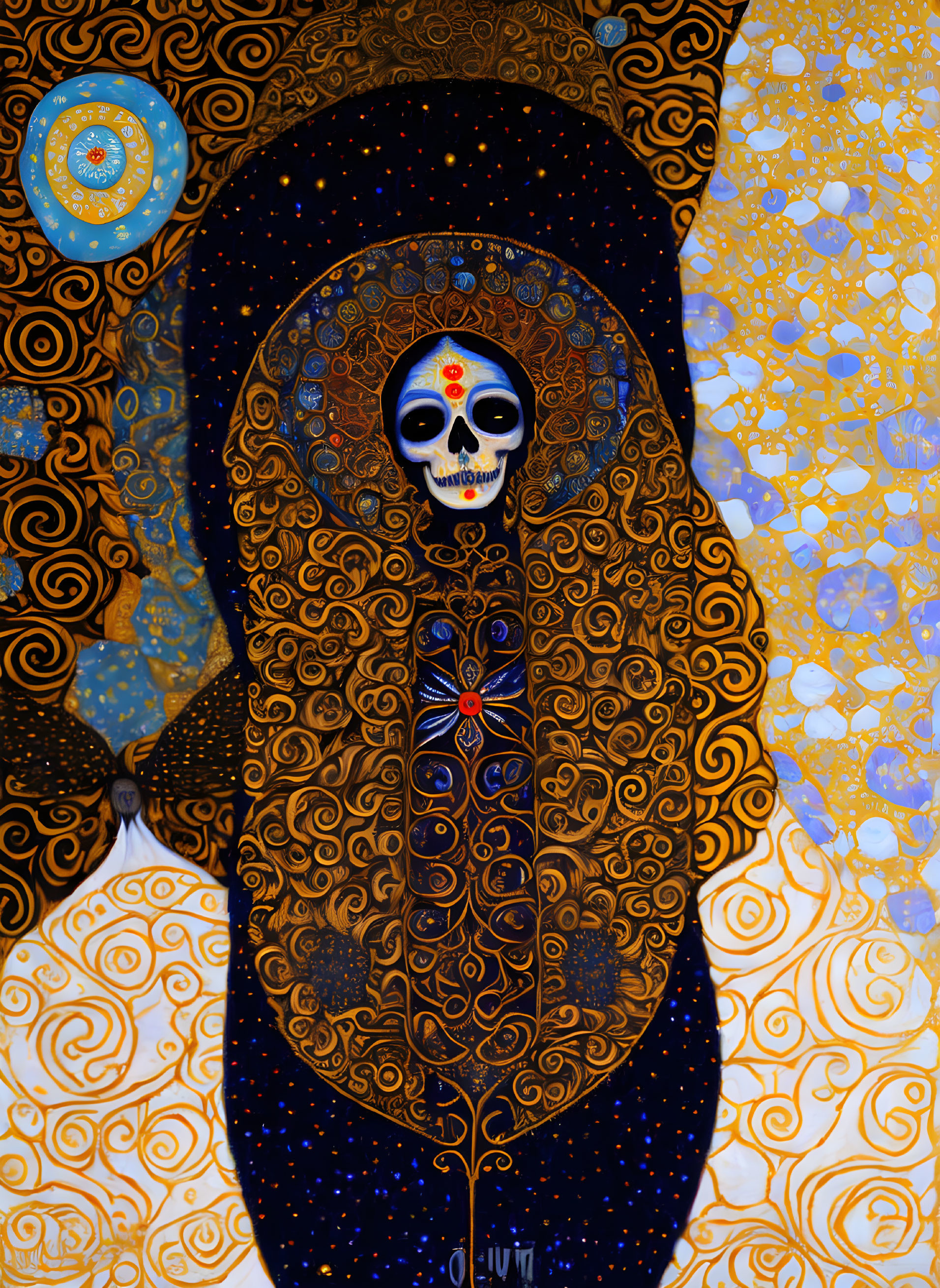 Skeletal figure with celestial motifs on starry background