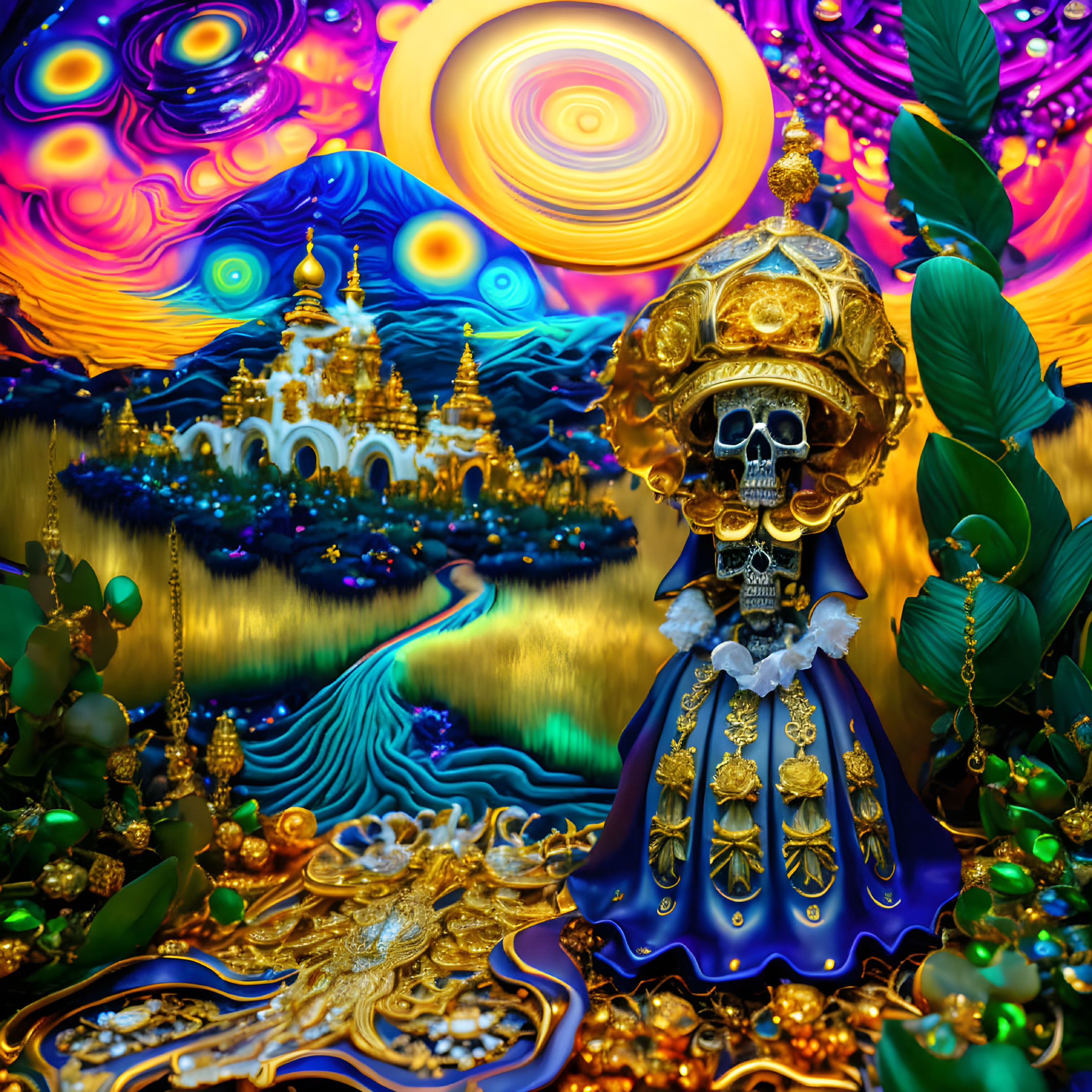 Colorful Psychedelic Skull with Crown in Fantasy Landscape