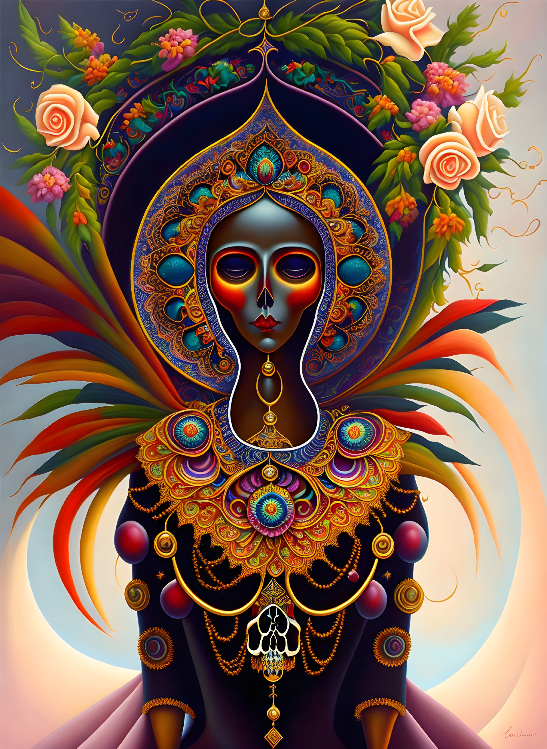 Colorful artwork: stylized figure with ornate jewelry, dark face, red eyes, rose halo