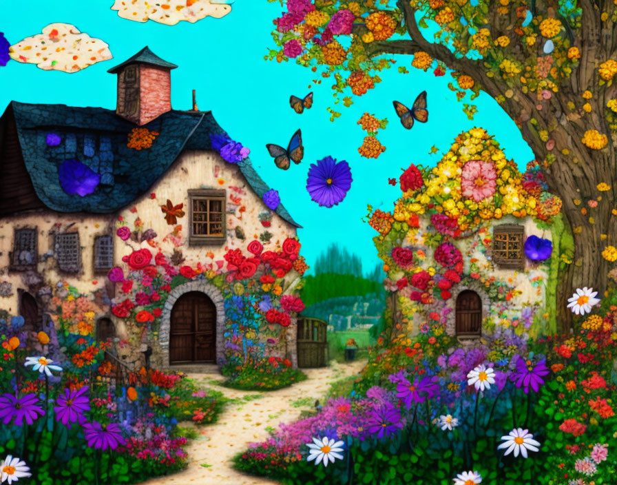 Colorful animated cobblestone path between quaint houses with flowers and butterflies.