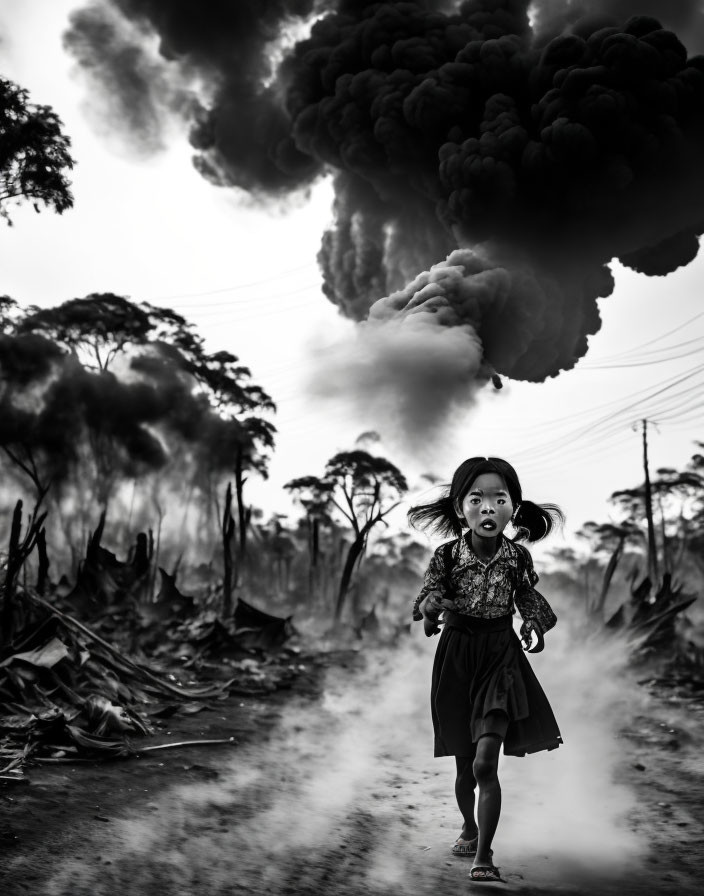 Worried young girl running on dirt road near forest fire smoke