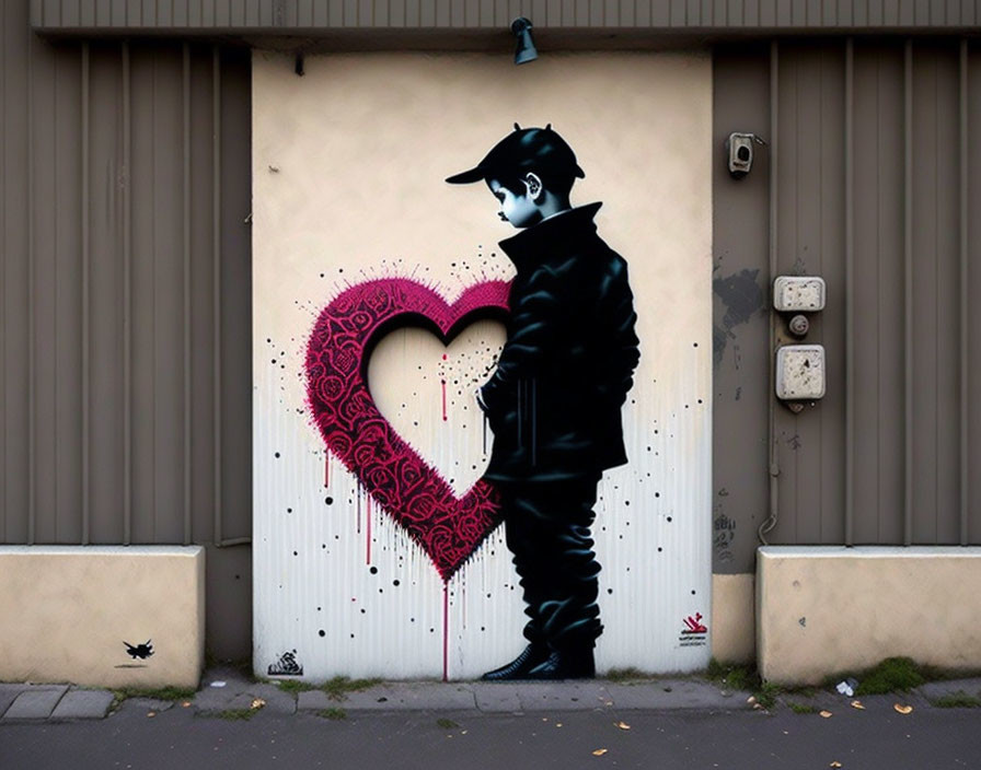 Street art graffiti of person painting heart with butterflies