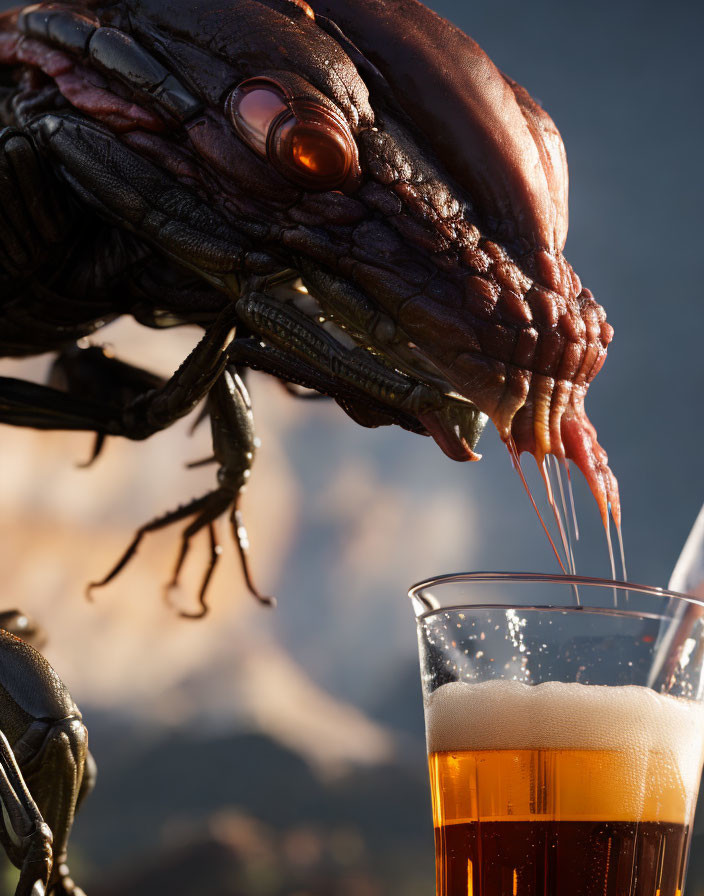 Detailed Xenomorph close-up with saliva, beer glass, and mountains in background