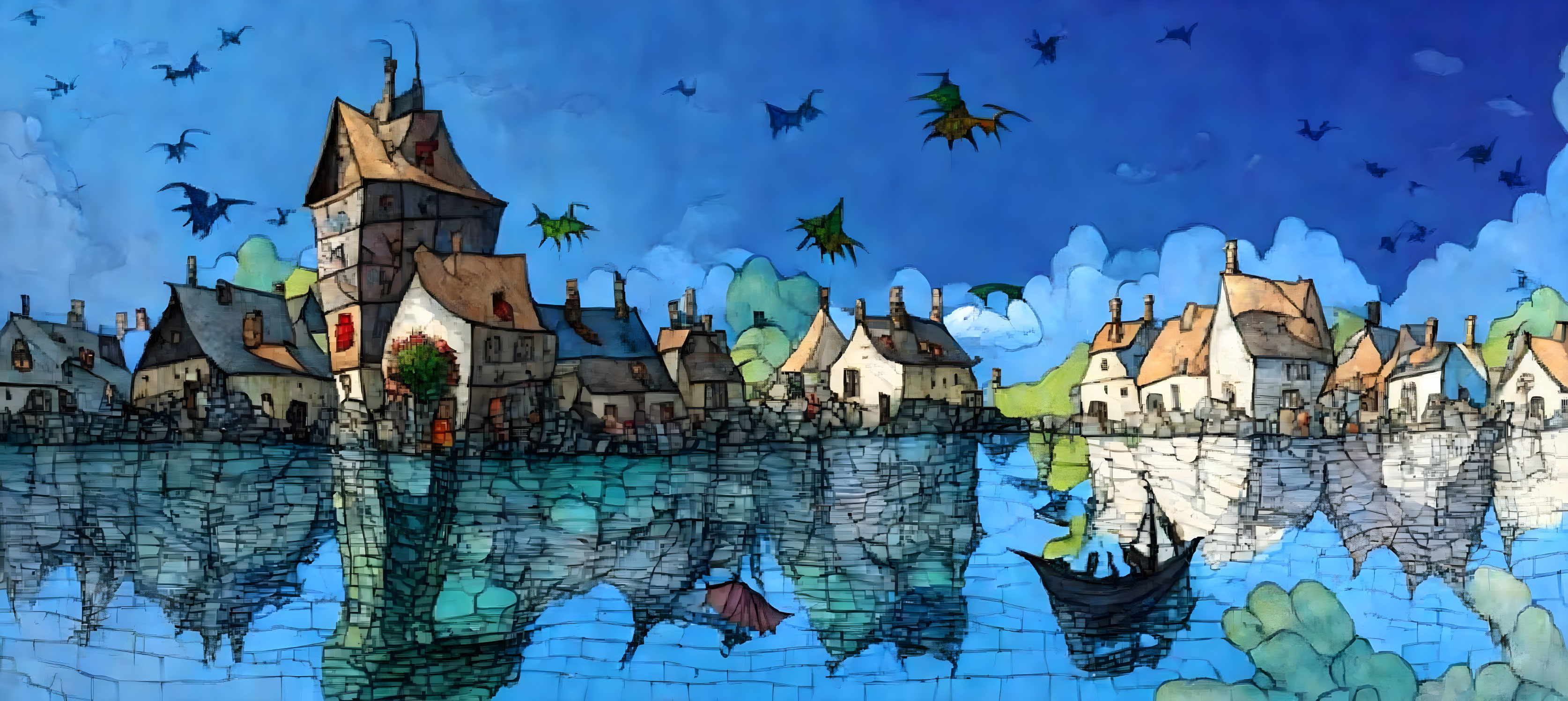 Colorful Watercolor Illustration of Medieval Village by Lake with Boats and Flying Fish Sky