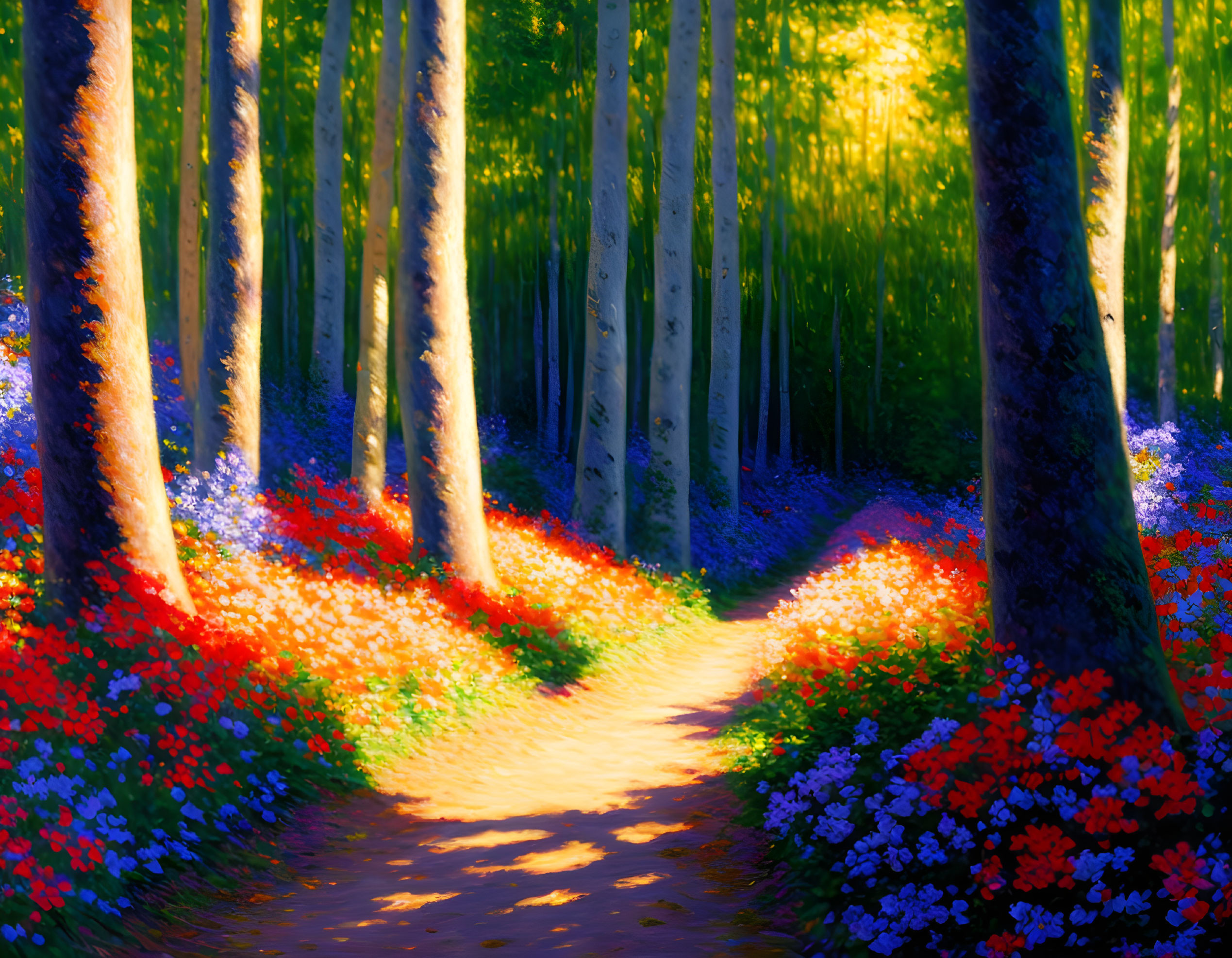 Scenic forest path with colorful flowers and tall trees in warm sunlight