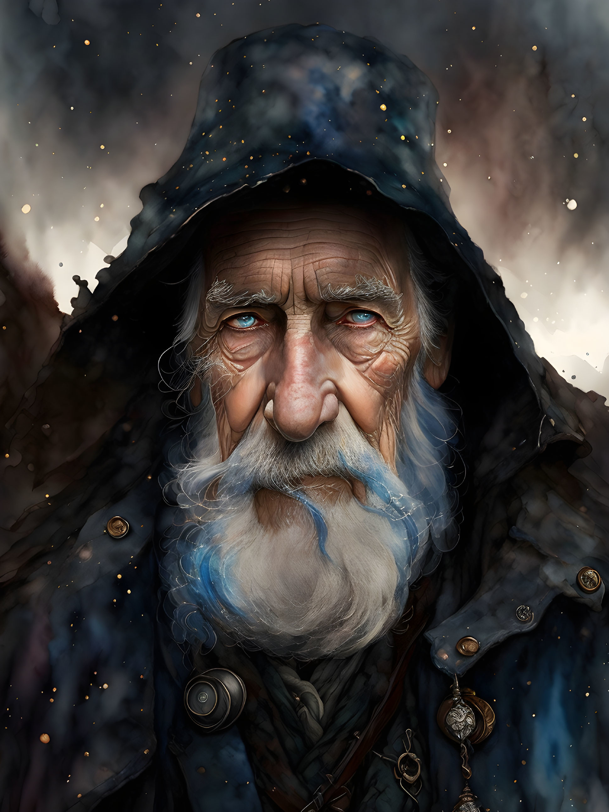 Elderly man with blue eyes and white beard in hooded cloak against starry backdrop