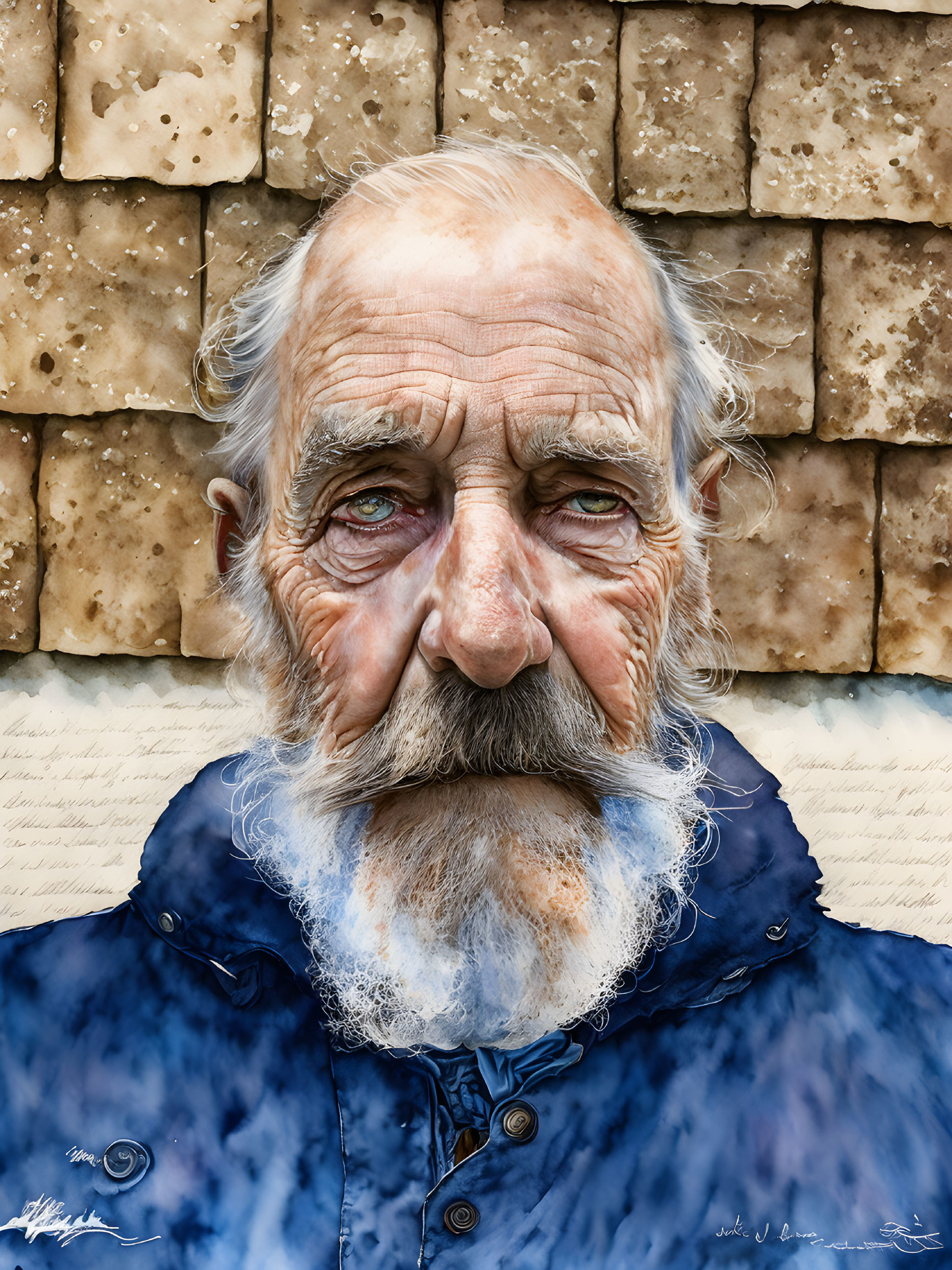 Elder Man with White Beard and Wrinkles Against Waffle-Patterned Wall