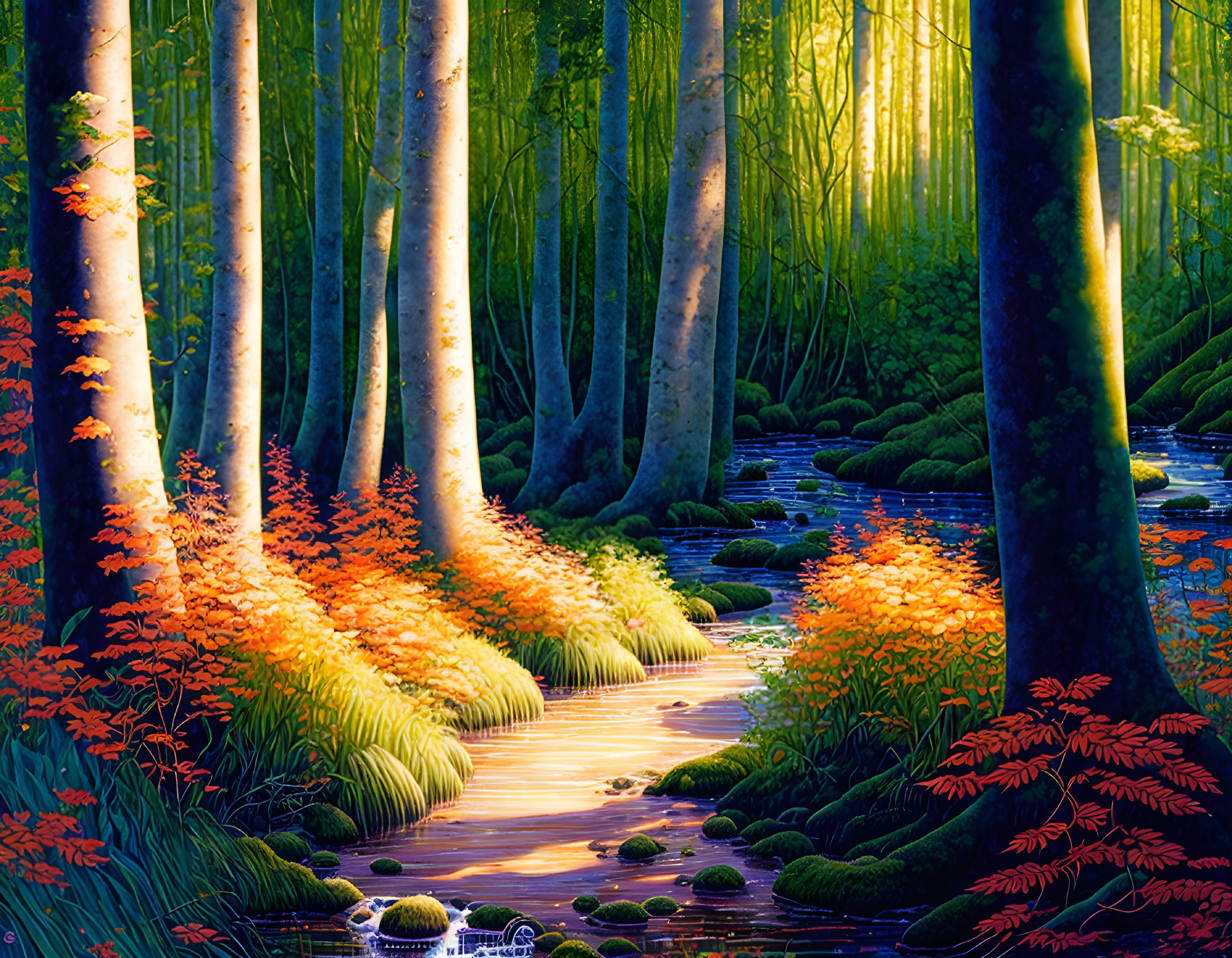 Tranquil Forest Scene with Sunlight and Autumn Foliage