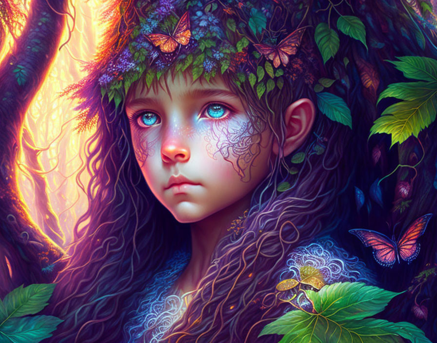 Fantasy illustration of child with blue eyes, leafy headpiece, surrounded by foliage and butterflies